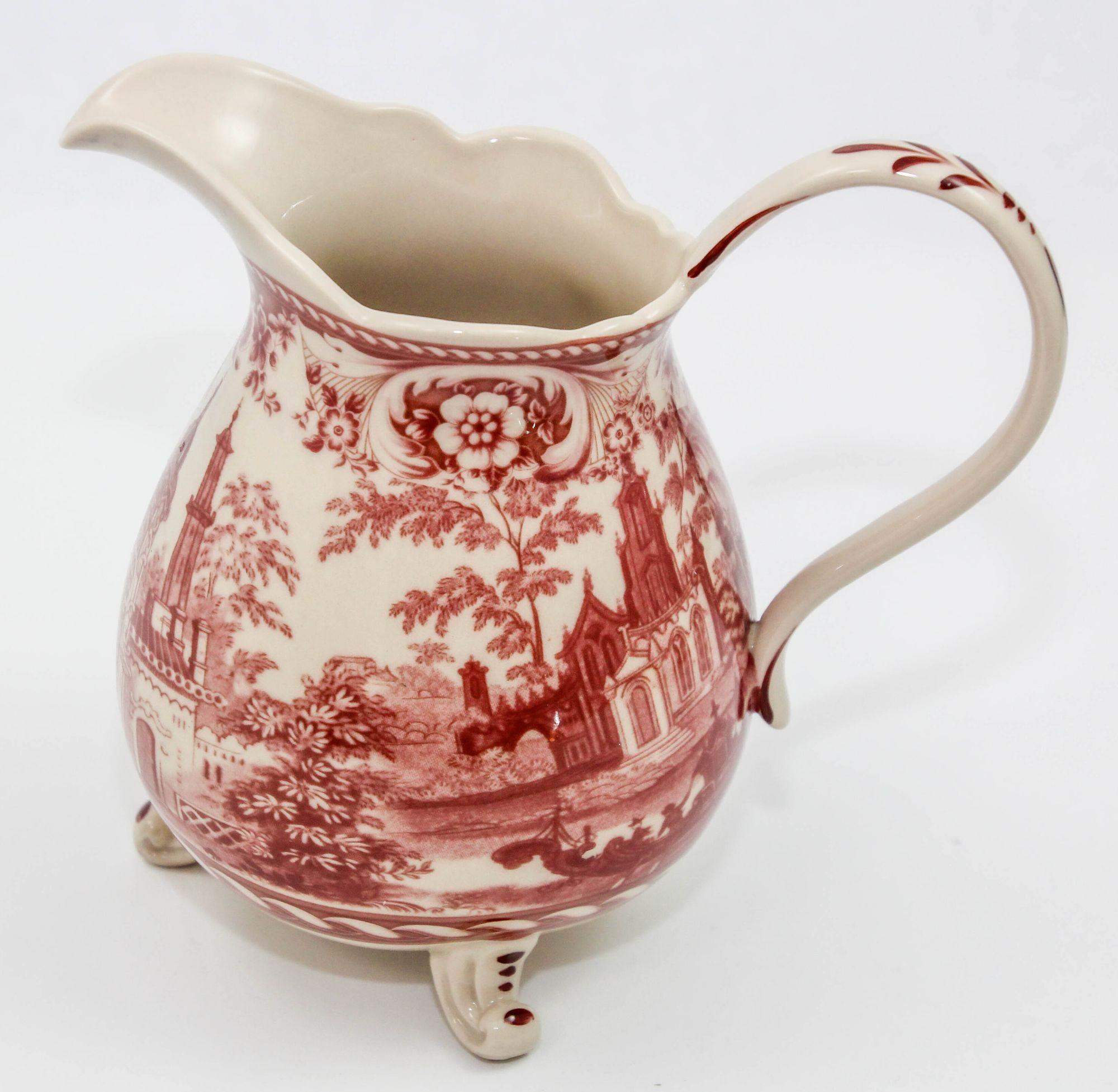 Vintage Transferware Cranberry and White Ceramic Footed Pitcher For Sale 9
