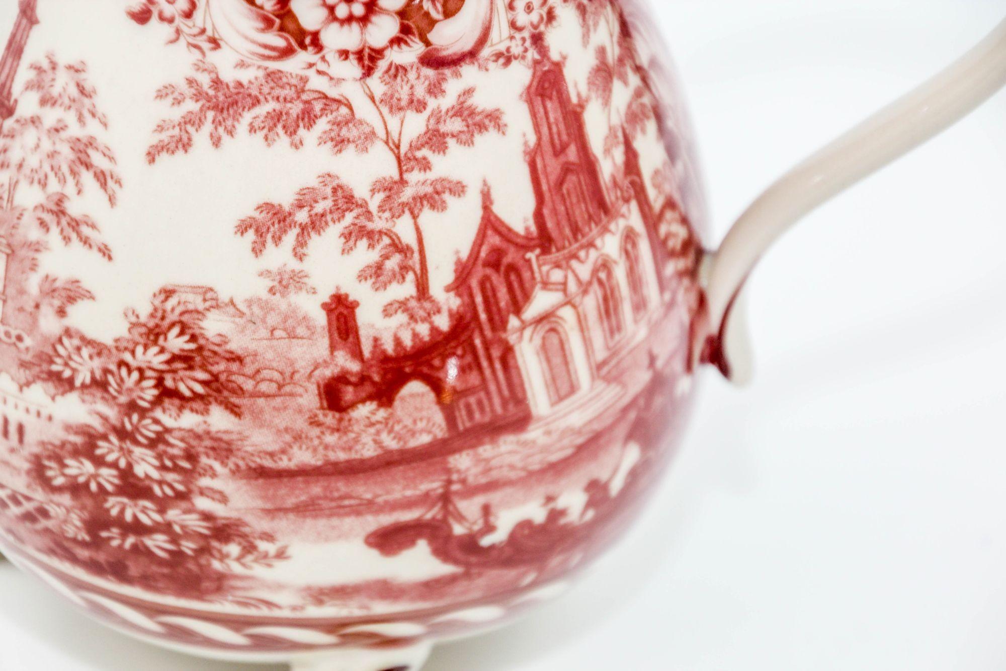 Vintage Transferware Cranberry and White Ceramic Footed Pitcher For Sale 10