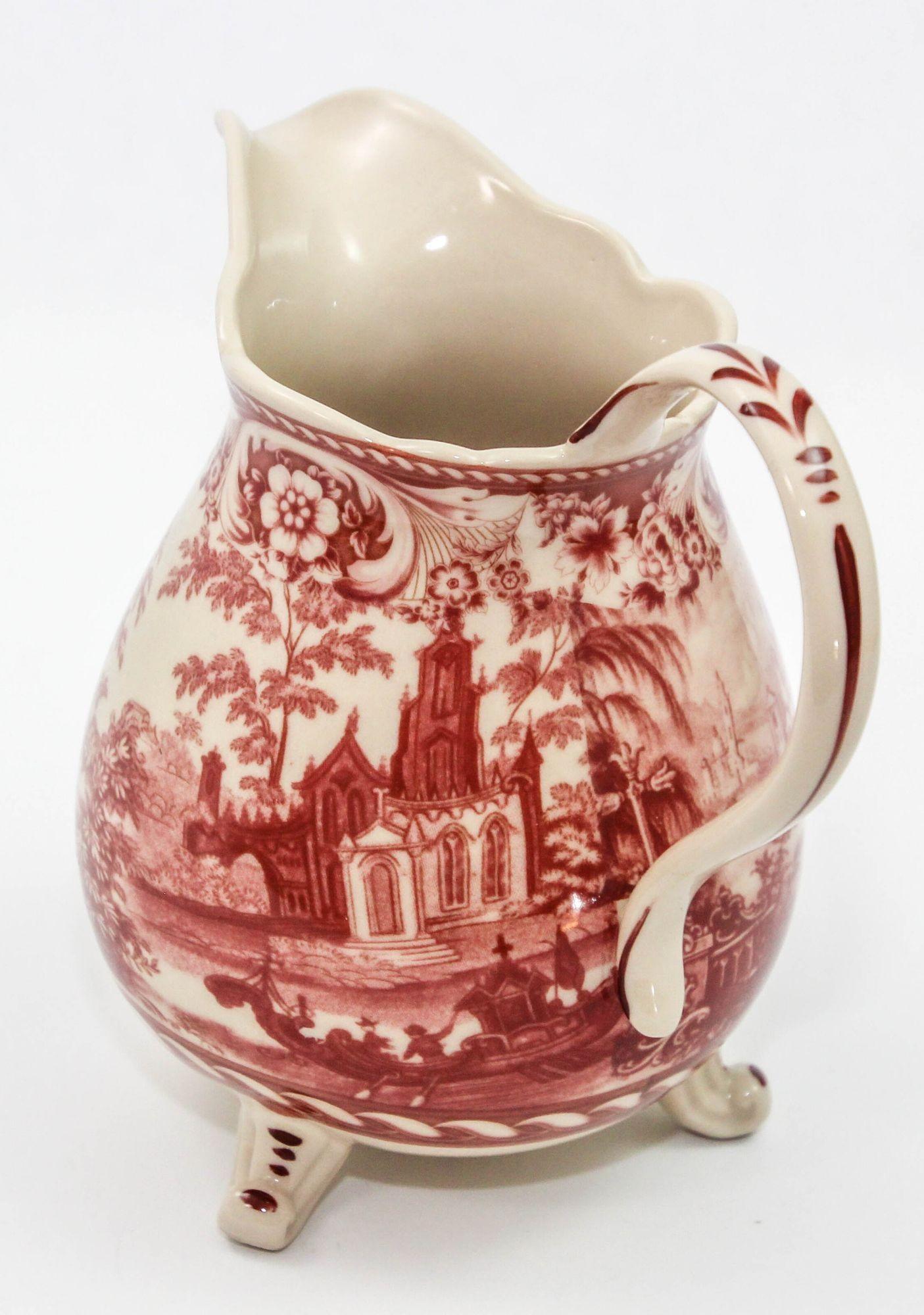 Vintage Transferware Cranberry and White Ceramic Footed Pitcher For Sale 11