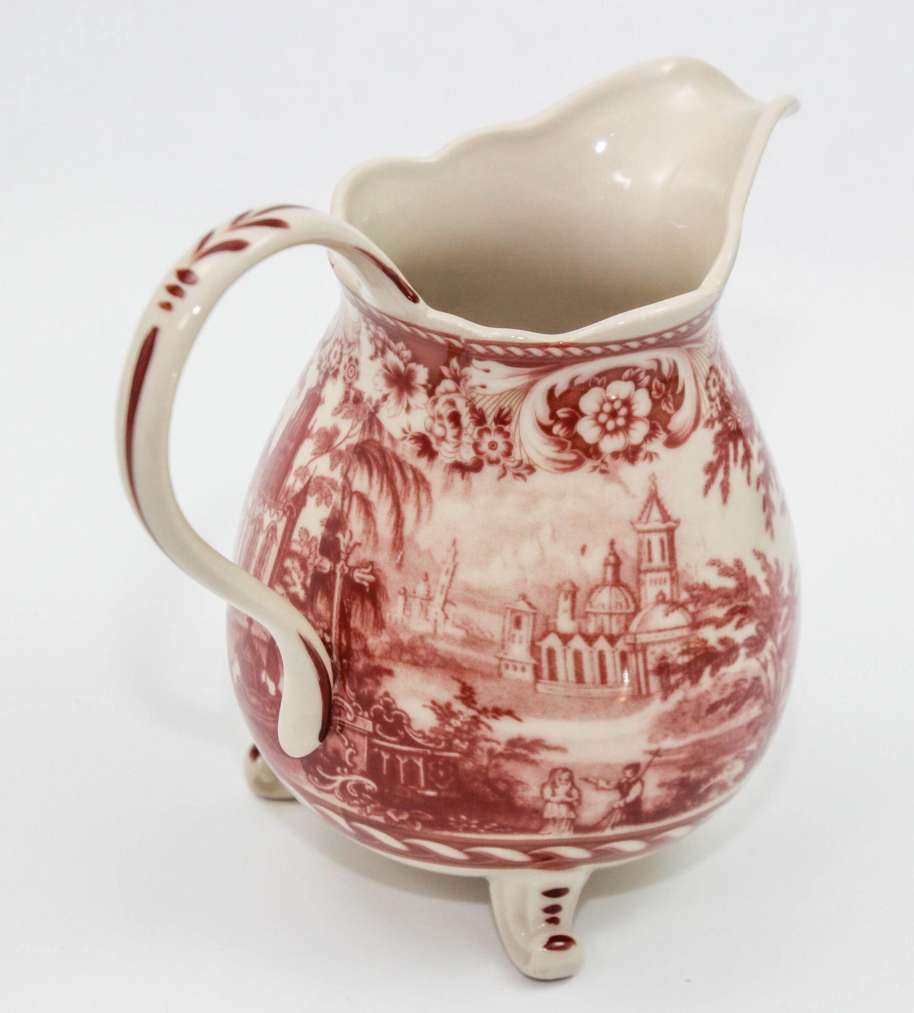 Vintage Transferware Cranberry and White Ceramic Footed Pitcher For Sale 12