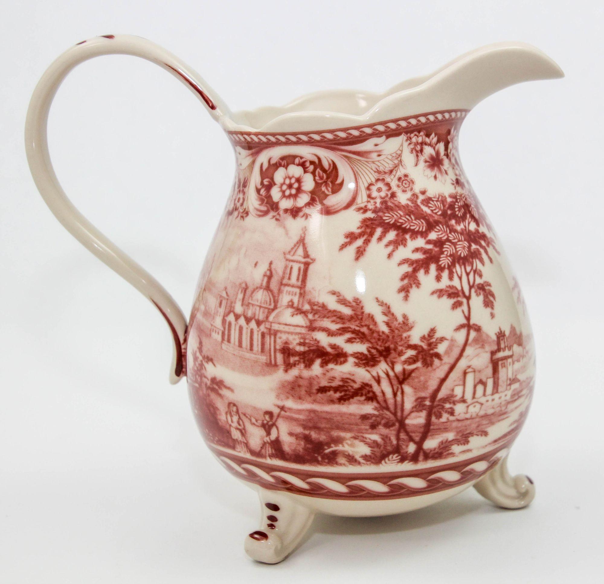 Vintage Transferware Cranberry and White Ceramic Footed Pitcher For Sale 13
