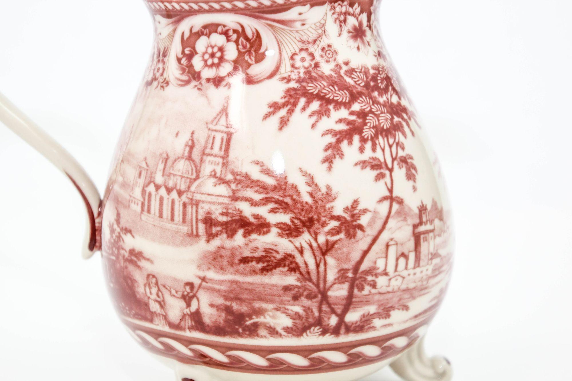 Vintage Transferware Cranberry and White Ceramic Footed Pitcher For Sale 14