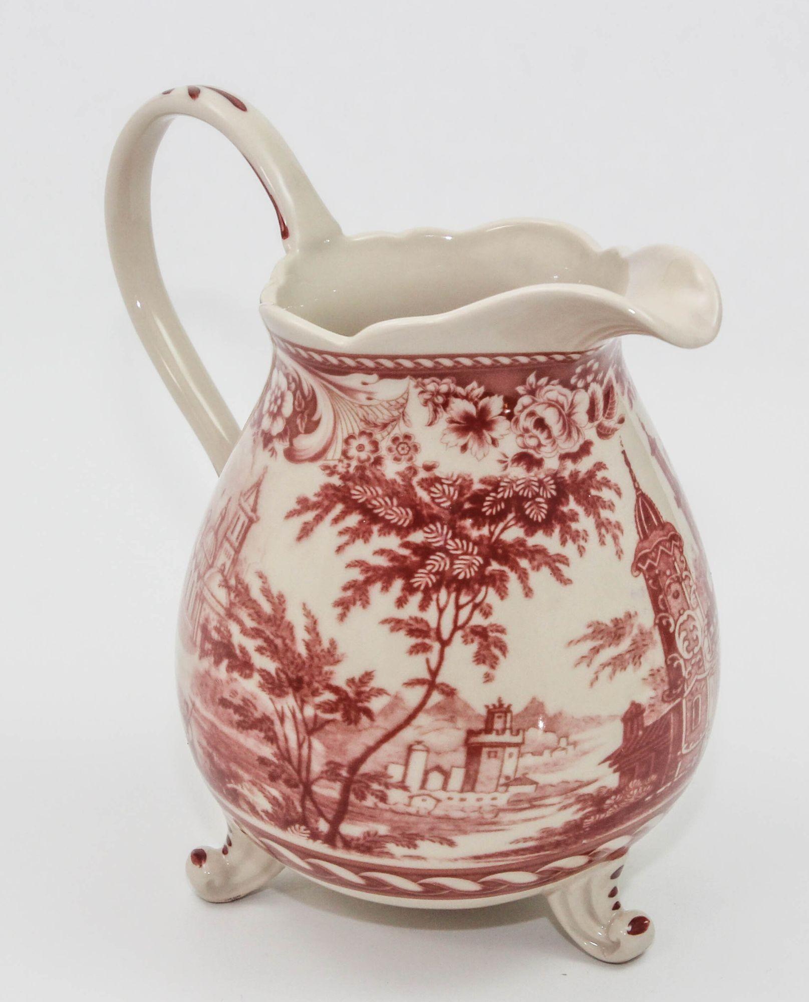 Victorian Vintage Transferware Cranberry and White Ceramic Footed Pitcher For Sale