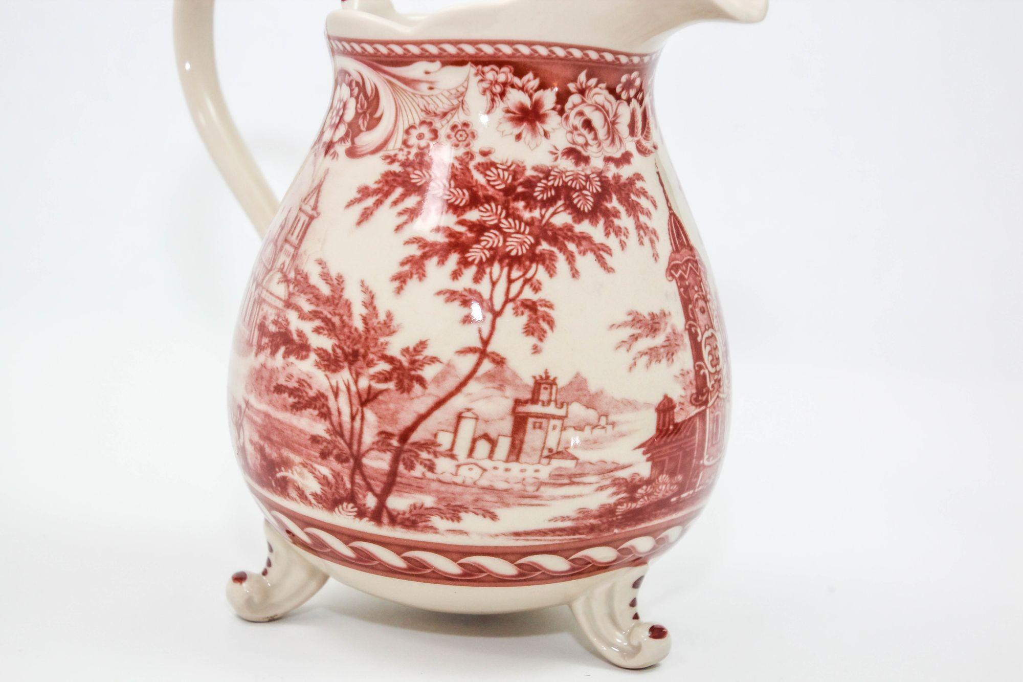 British Vintage Transferware Cranberry and White Ceramic Footed Pitcher For Sale