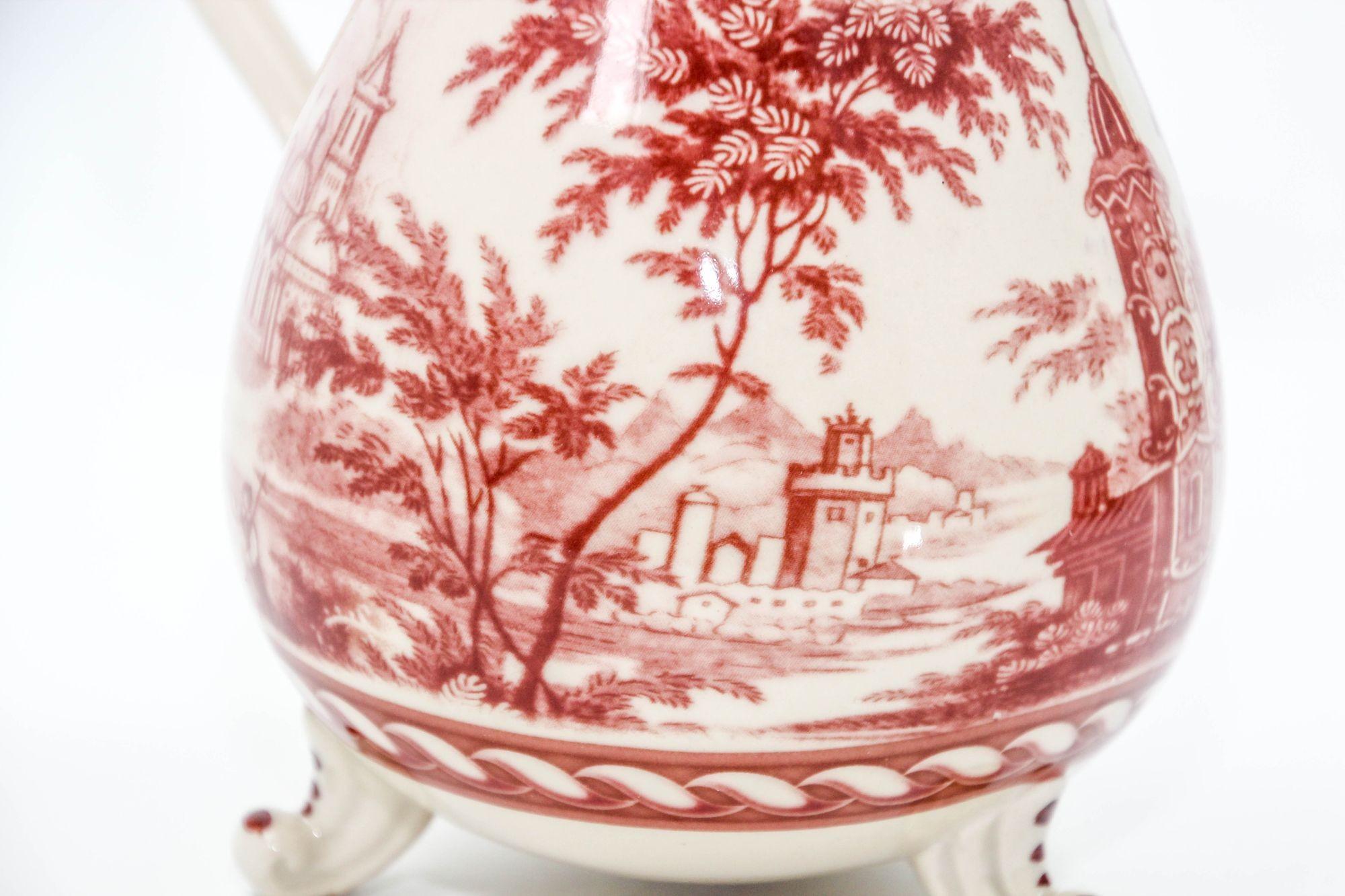 Vintage Transferware Cranberry and White Ceramic Footed Pitcher In Good Condition For Sale In North Hollywood, CA