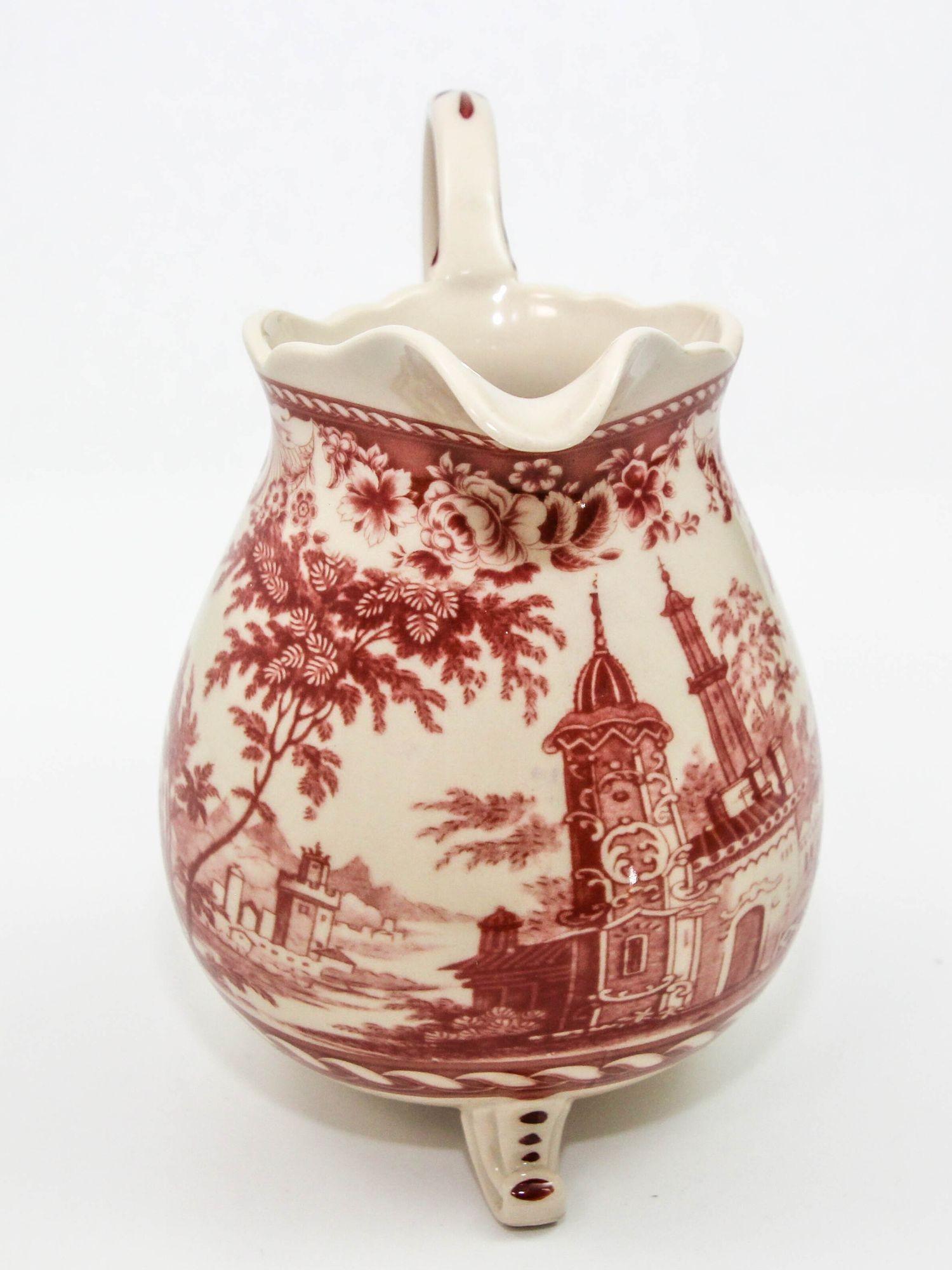 20th Century Vintage Transferware Cranberry and White Ceramic Footed Pitcher For Sale