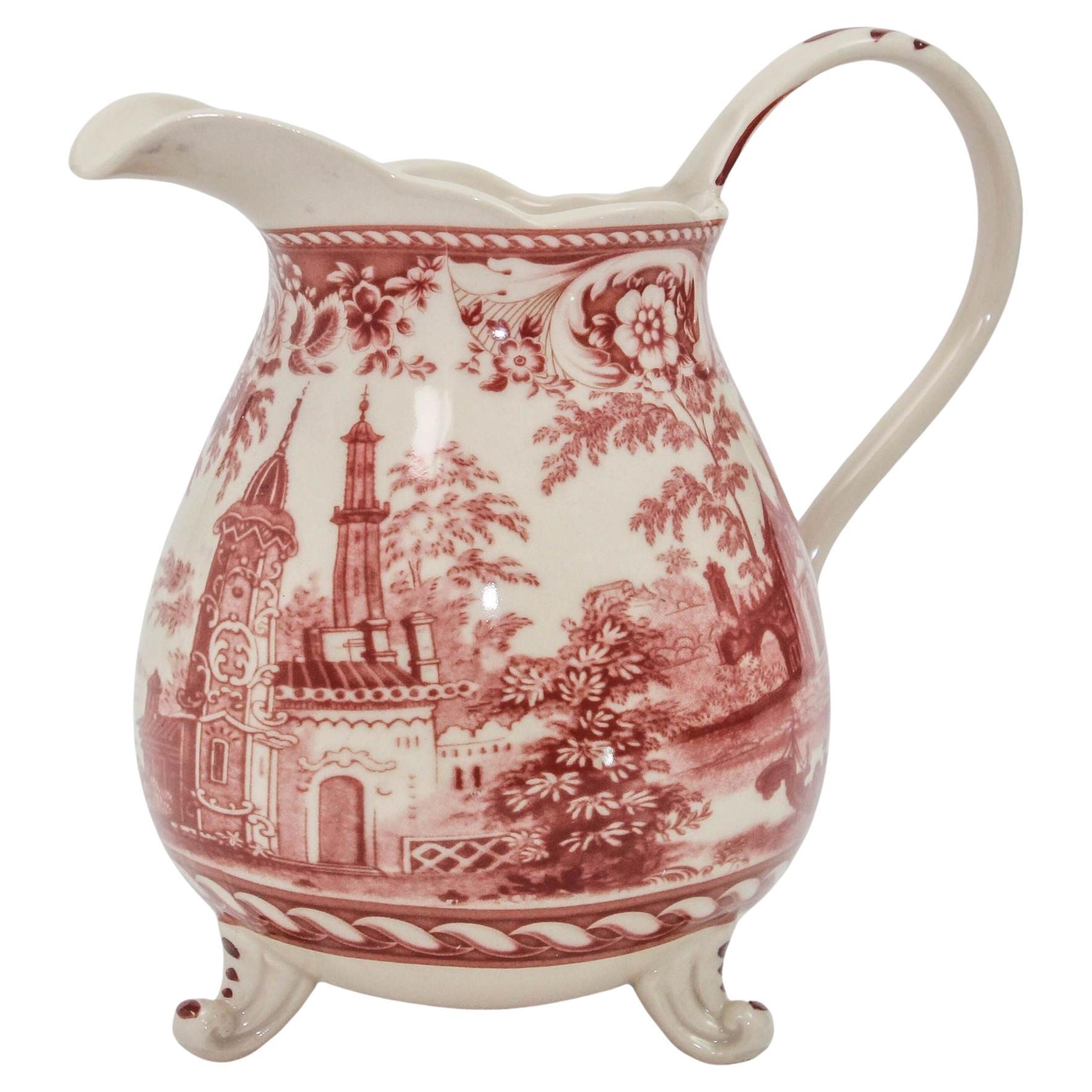 Vintage Transferware Cranberry and White Ceramic Footed Pitcher For Sale