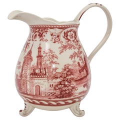 Retro Transferware Cranberry and White Ceramic Footed Pitcher