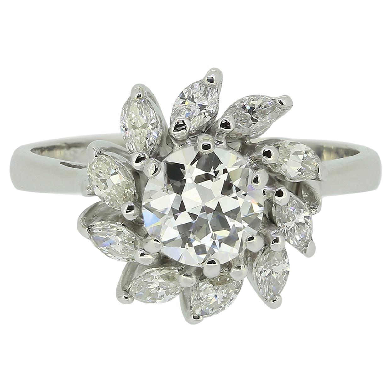 Vintage Transitional and Marquise Cut Diamond Cluster Ring For Sale