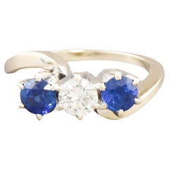 Vintage Transitional Cut Diamond Blue Sapphire Three Stone Ring, approx 1.49 tcw
