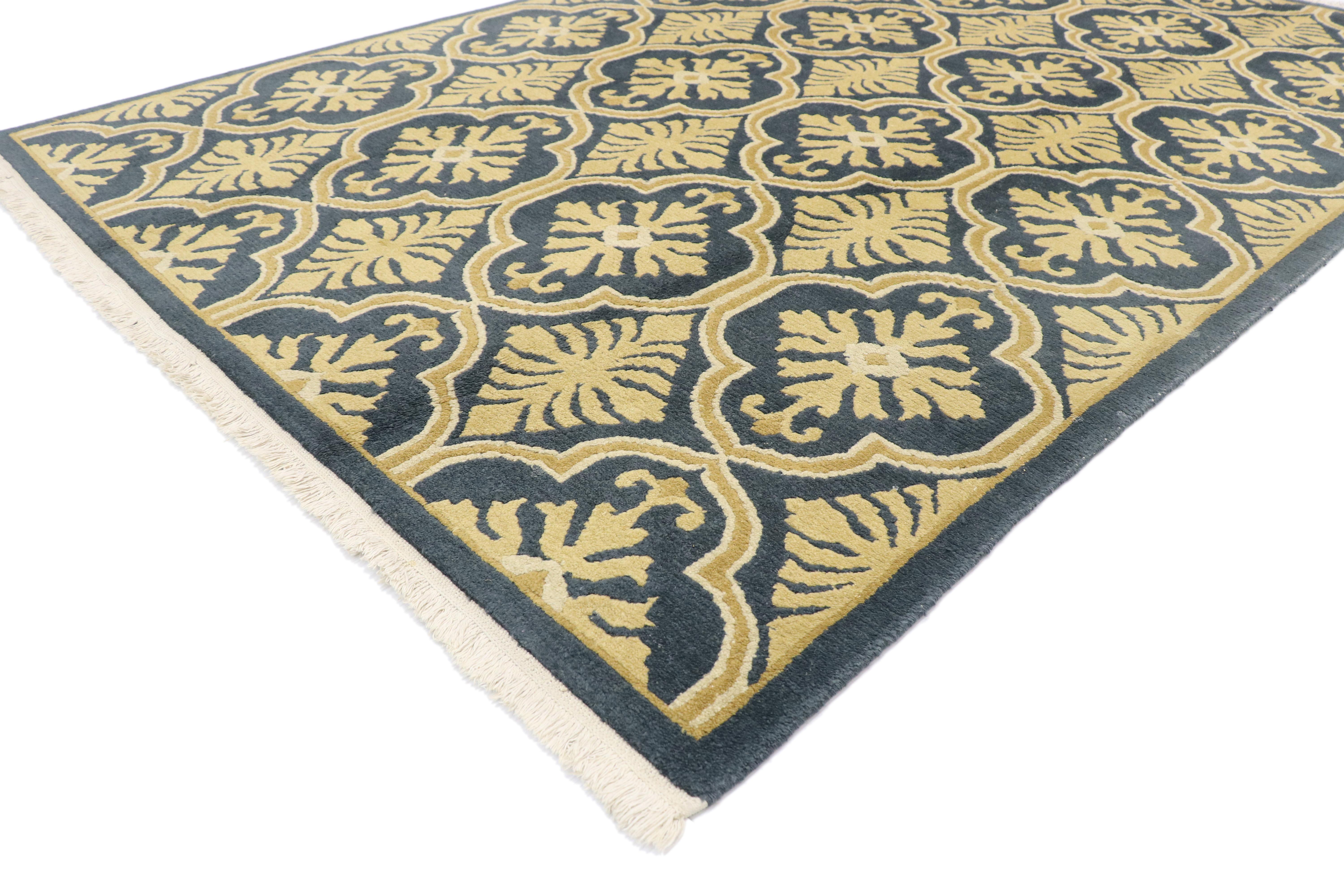 74964 Vintage Transitional Quatrefoil Geometric Damask Pattern rug with Hollywood Regency style. Stately decadence and preppy formality collide in this transitional vintage area rug with Hollywood Regency style. Quatrefoil lobes and abstract flowers