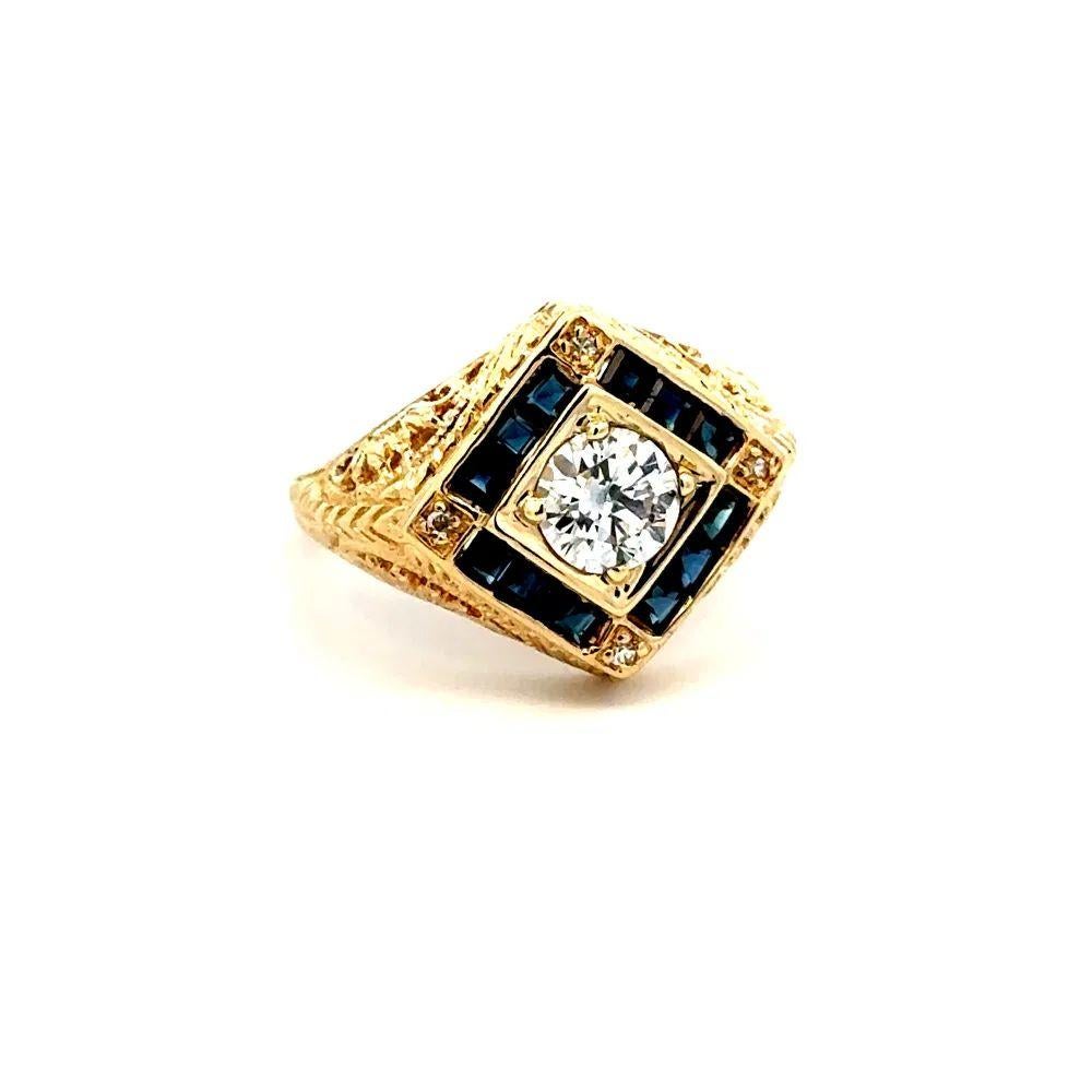 Simply Beautiful! Timeless and finely detailed Transitional Round Brilliant Cut Diamond and Sapphire Gold Cocktail Ring. Centering a securely nestled 0.50 Carat RBC Diamond, surrounded by Sapphires, weighing approx. 0.60tcw. Hand crafted 14K Yellow