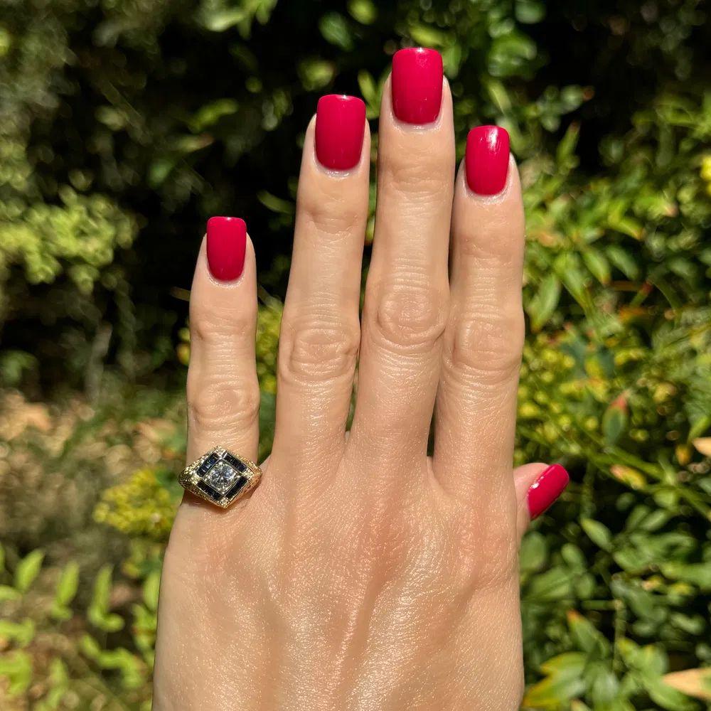 Modernist Vintage Transitional RBC Diamond and Sapphire Gold Cocktail Ring For Sale