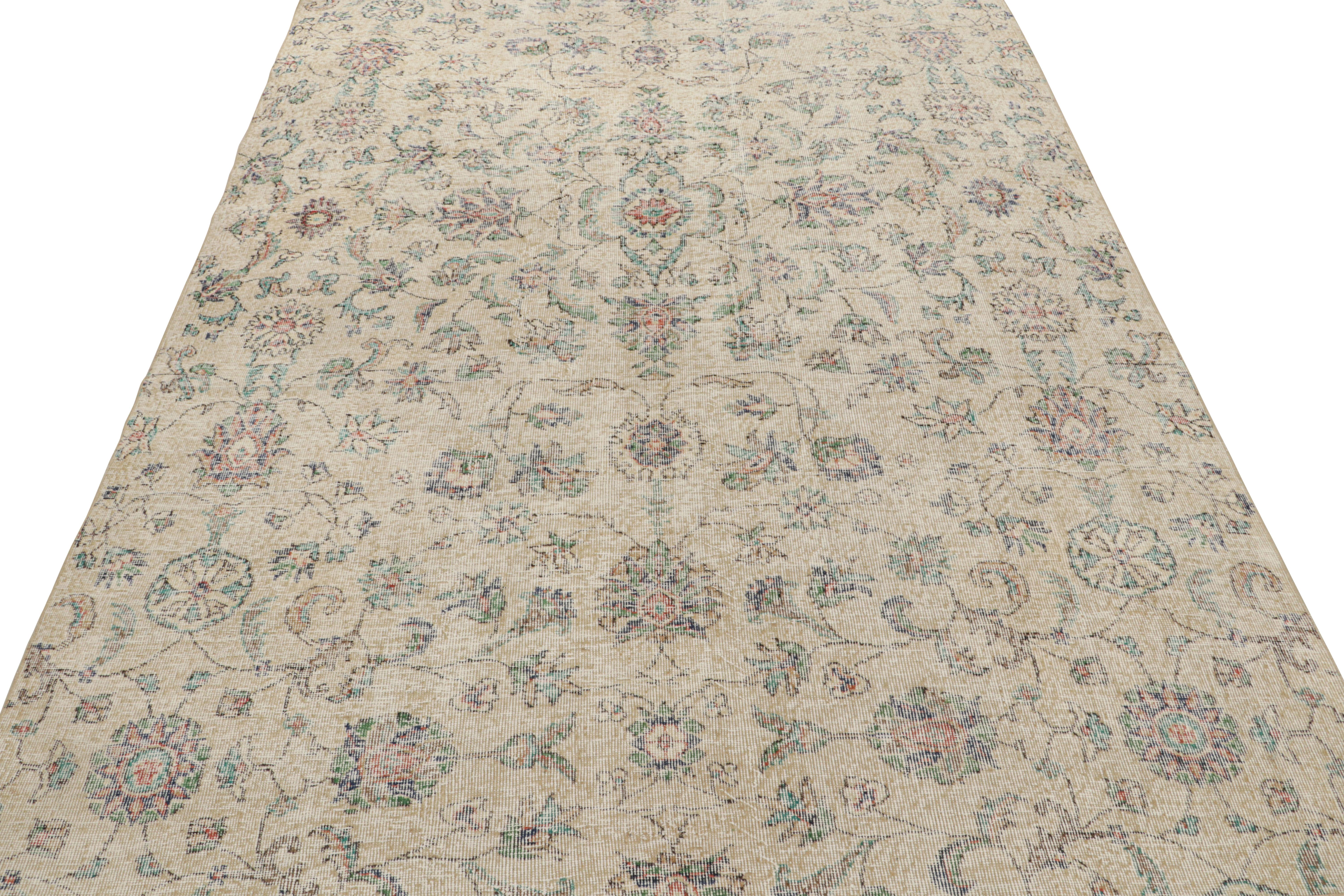 Turkish Vintage Transitional Rug in Beige with Green Floral Pattern, from Rug & Kilim  For Sale