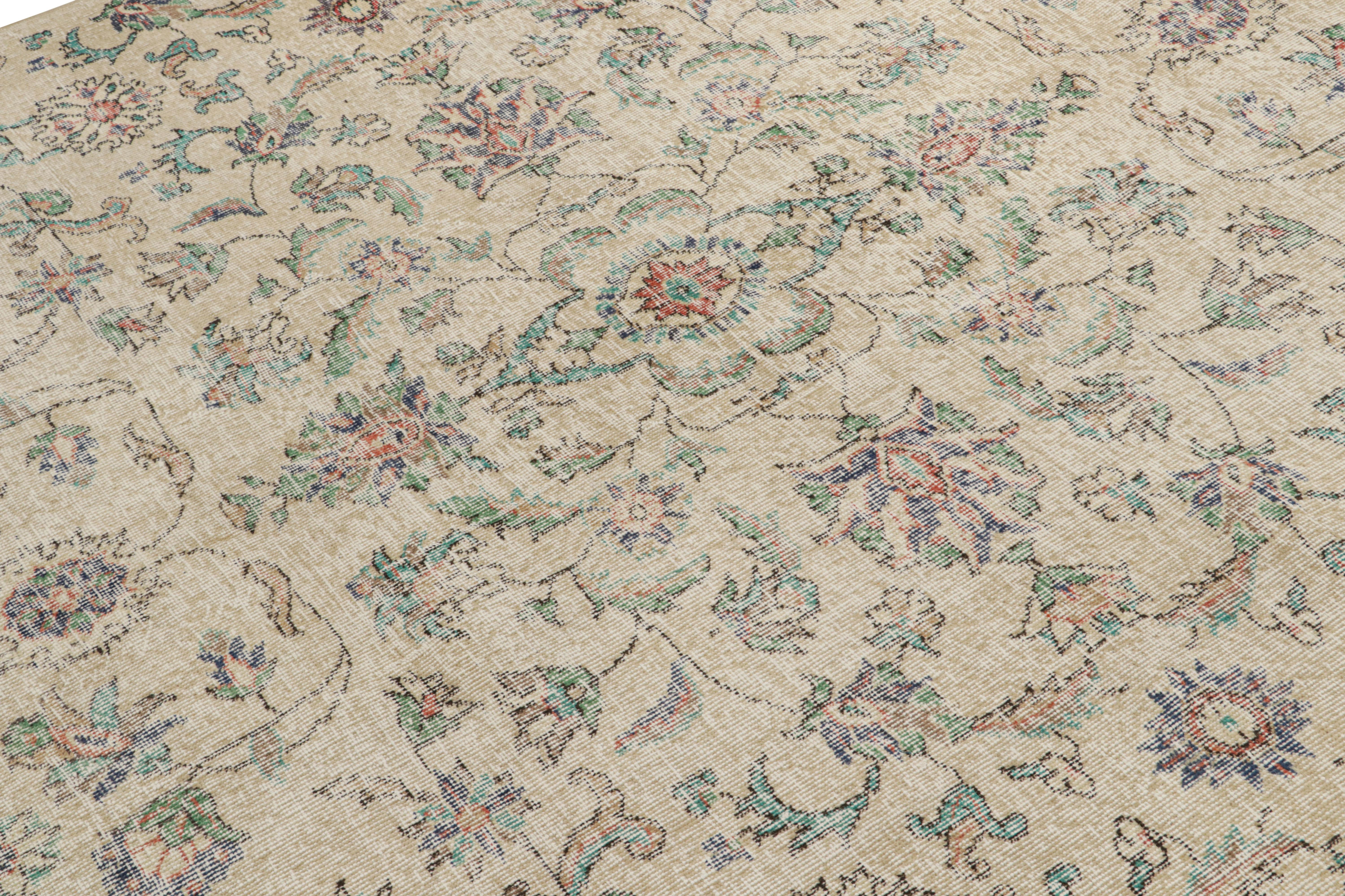 Hand-Knotted Vintage Transitional Rug in Beige with Green Floral Pattern, from Rug & Kilim  For Sale