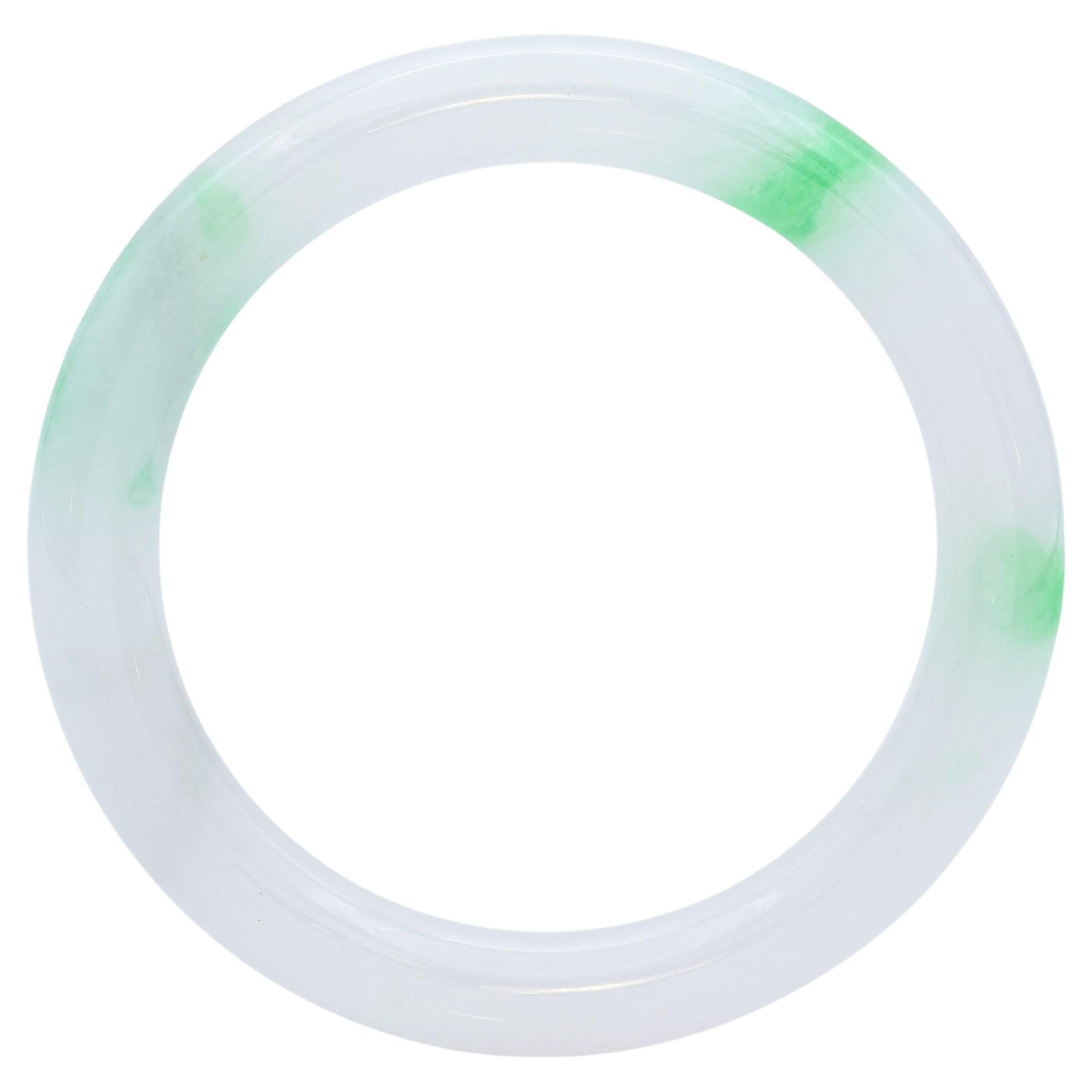 Vintage Translucent "Moss in Snow" White Green Jade Bangle Bracelet