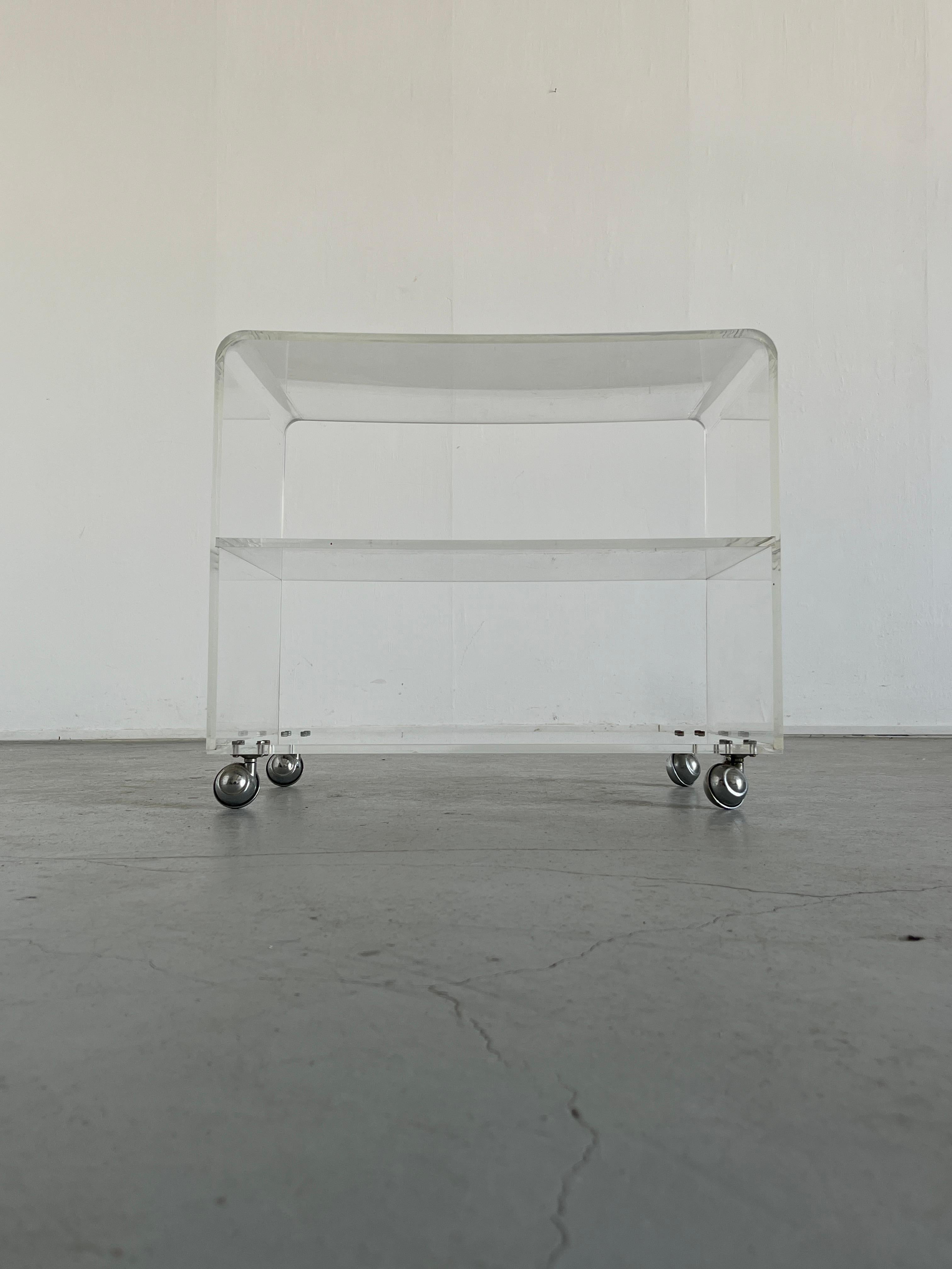 Post-Modern Vintage Transparent Plexiglass Lucite Etagere Rolling Shelf, Italy 1980s