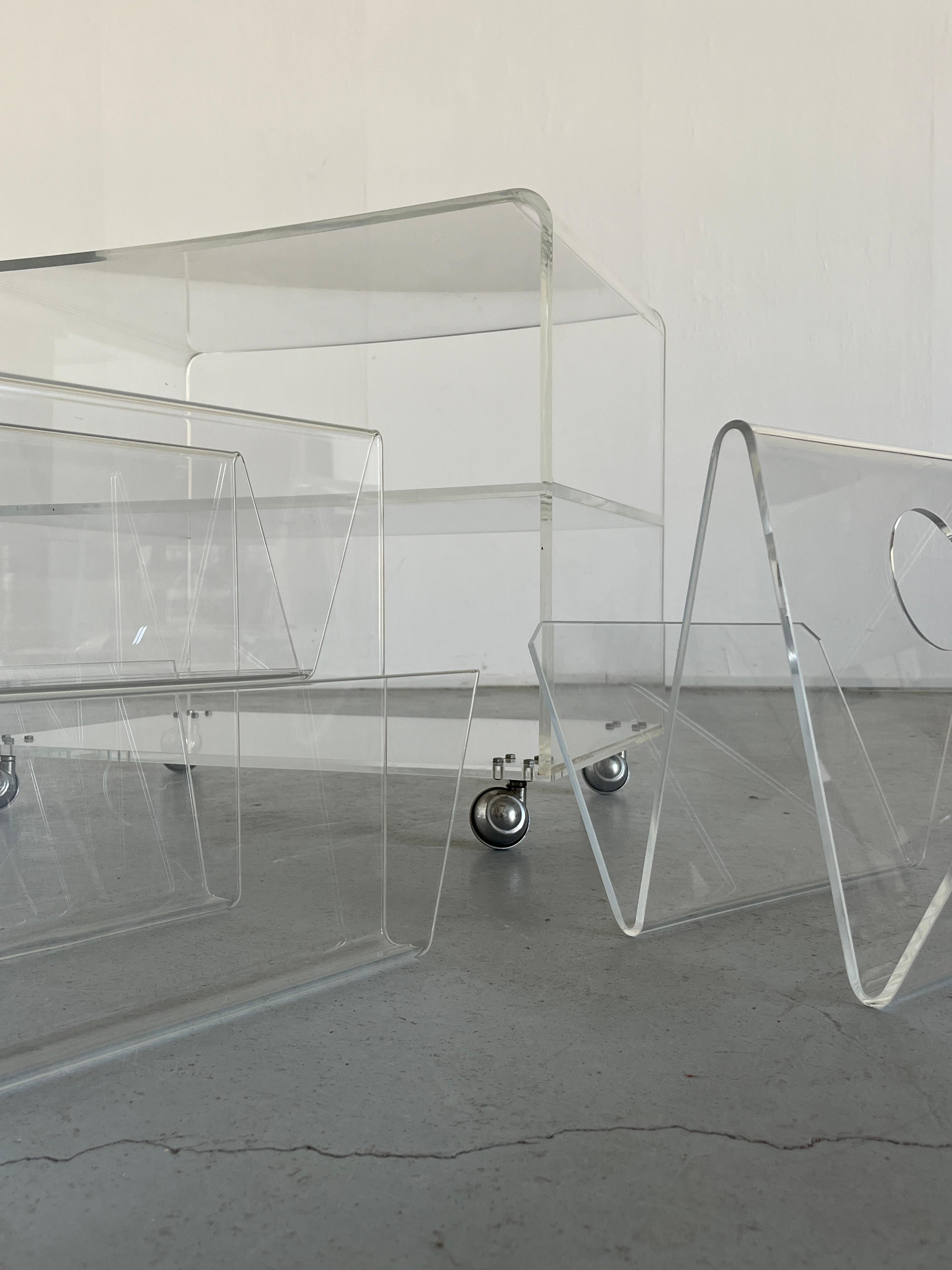 Vintage Transparent Plexiglass Lucite Etagere Rolling Shelf, Italy 1980s 1