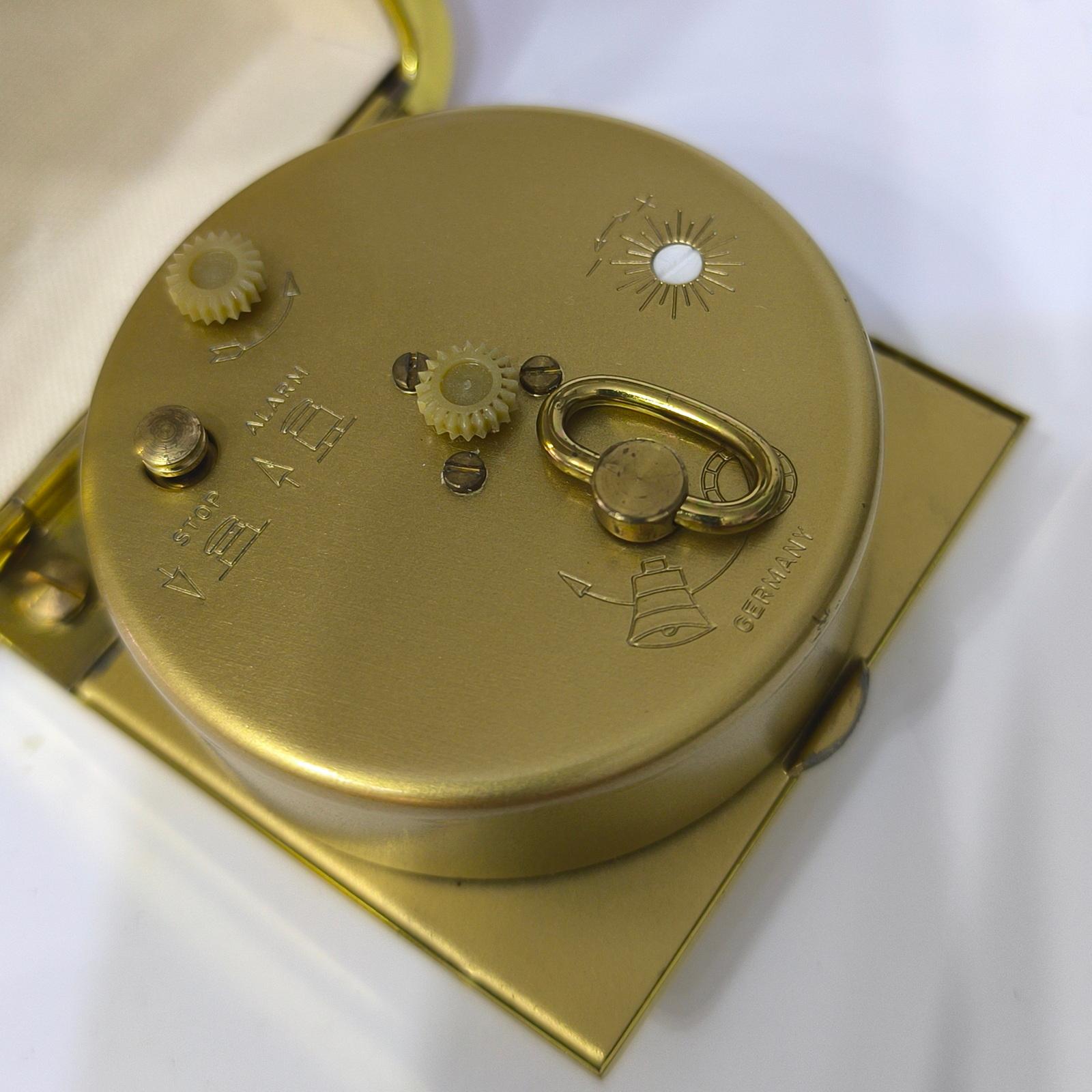 Vintage Travel Alarm Clock Europa, Germany, 2 Jewels, Brass & Faux Leather Cover For Sale 3