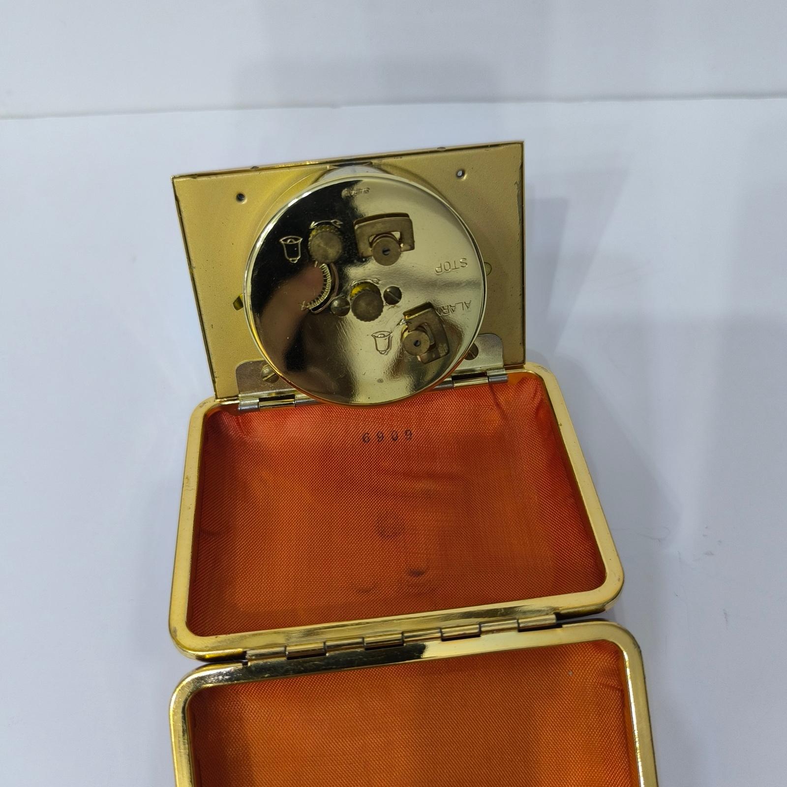 Vintage Travel Alarm Clock Europa, Germany, 2 Jewels, Brass & Faux Leather Cover For Sale 4