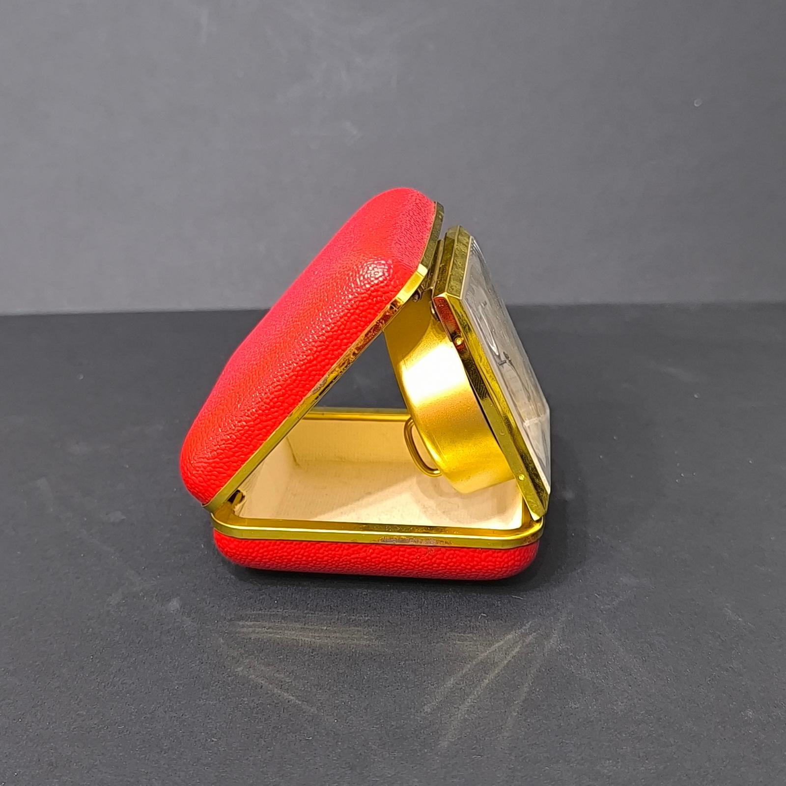 Mid-Century Modern Vintage Travel Alarm Clock Europa, Germany, 2 Jewels, Brass & Faux Leather Cover For Sale