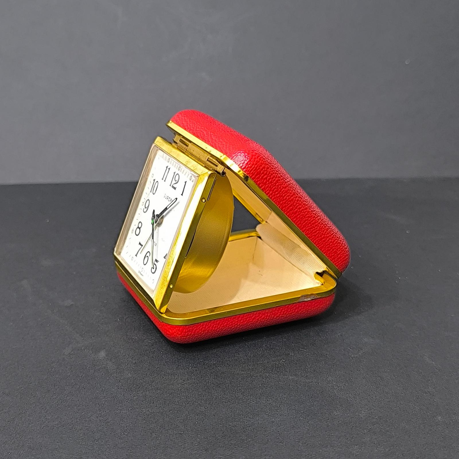 20th Century Vintage Travel Alarm Clock Europa, Germany, 2 Jewels, Brass & Faux Leather Cover For Sale