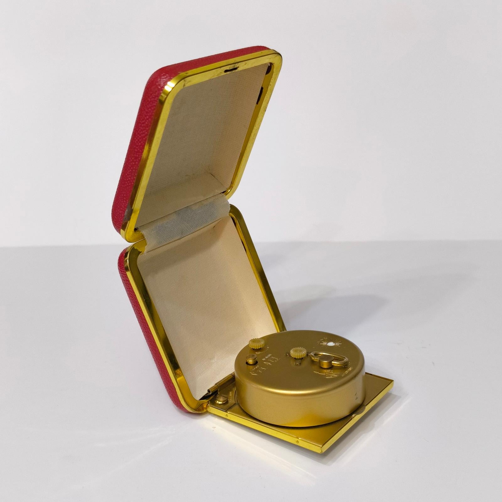 Vintage Travel Alarm Clock Europa, Germany, 2 Jewels, Brass & Faux Leather Cover For Sale 2