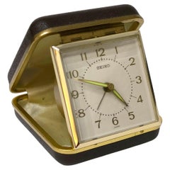 Vintage Travel Alarm Clock Seiko, 1970s, Brass with Faux Leather Cover