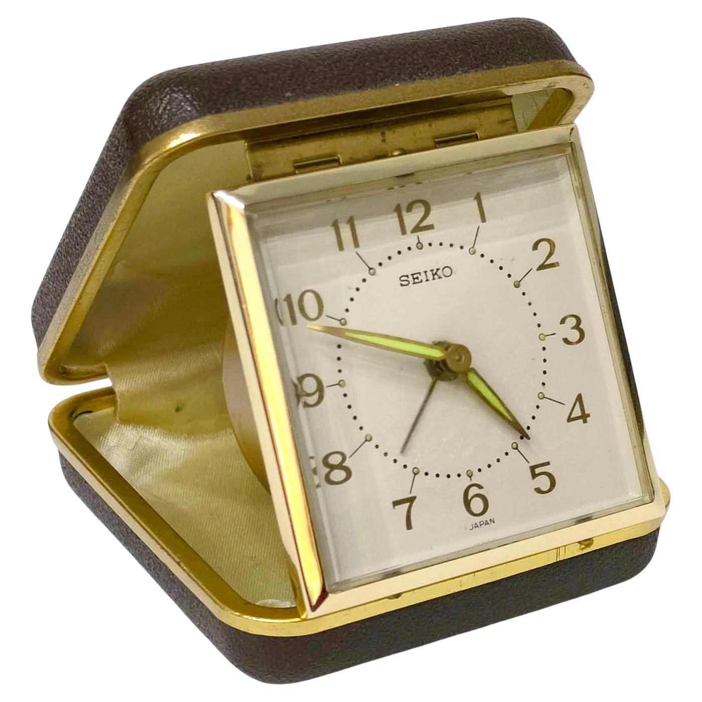 Vintage Travel Alarm Clock Seiko, 1970s, Brass with Faux Leather