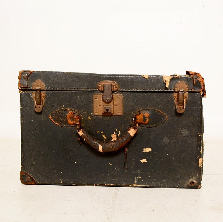 Vintage Travel Case / Box in Black Canvas with Leather Handle For Sale