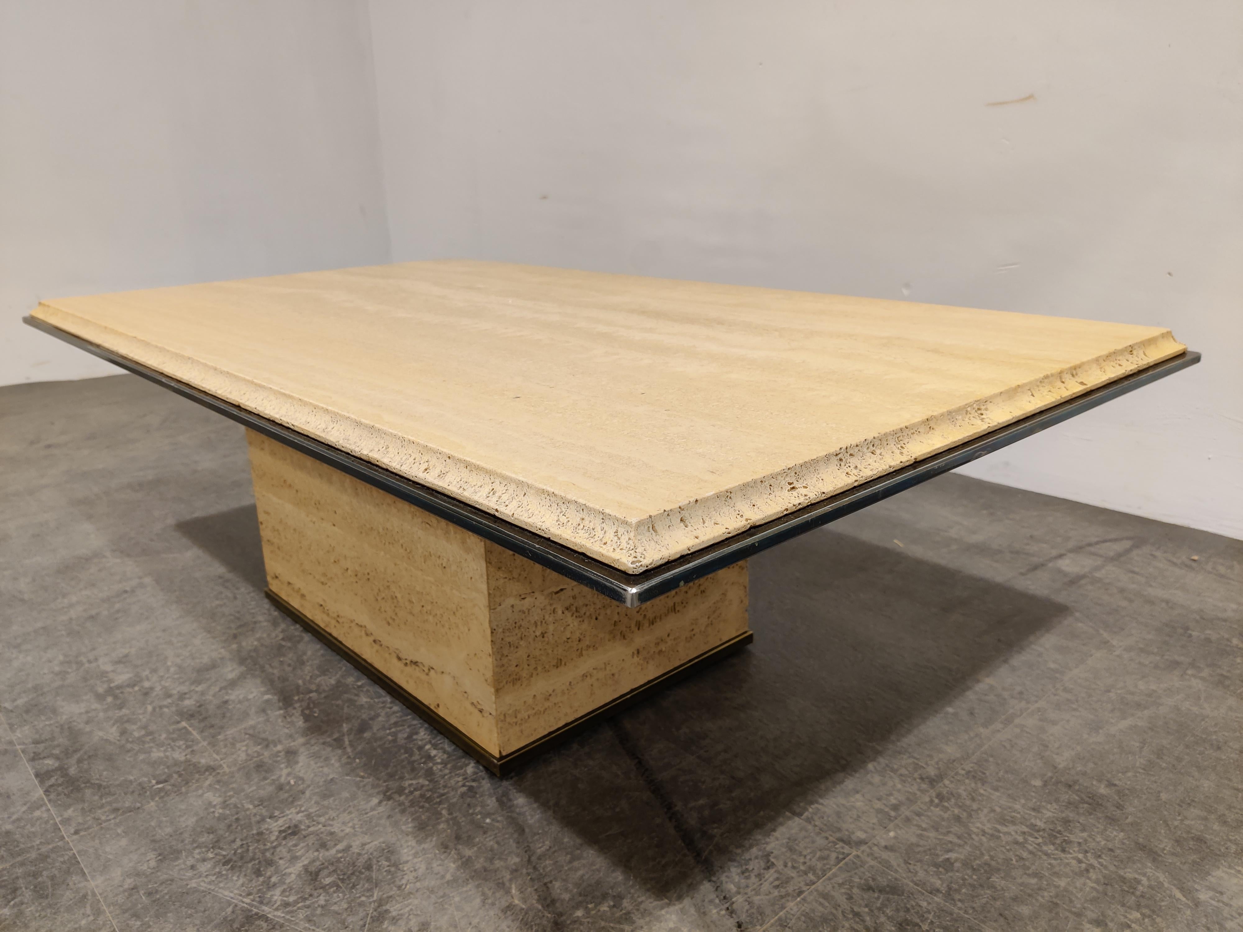 Late 20th Century Vintage Travertine and Brass Coffee Table by Fedam, 1970s For Sale