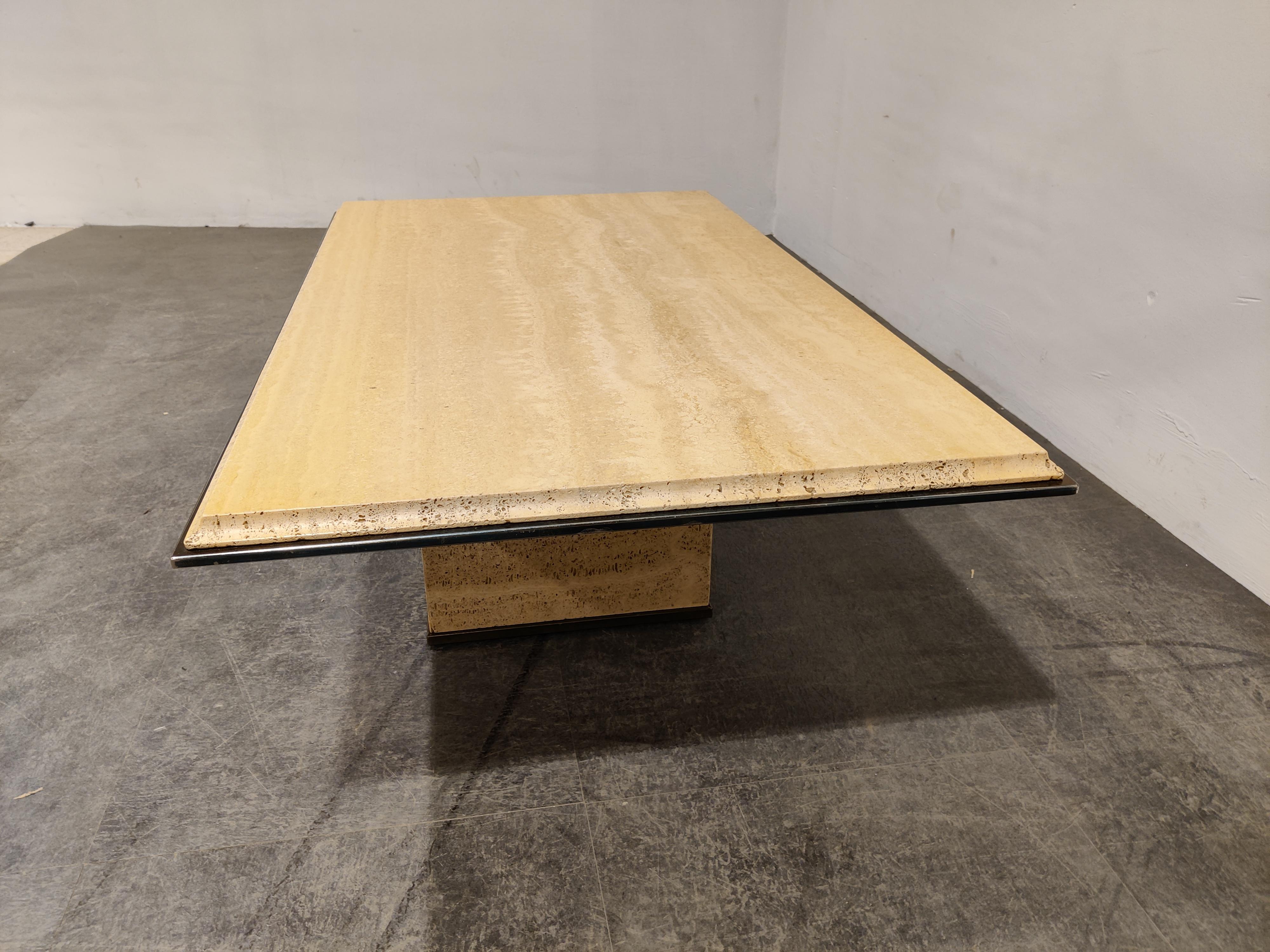 Vintage Travertine and Brass Coffee Table by Fedam, 1970s For Sale 3