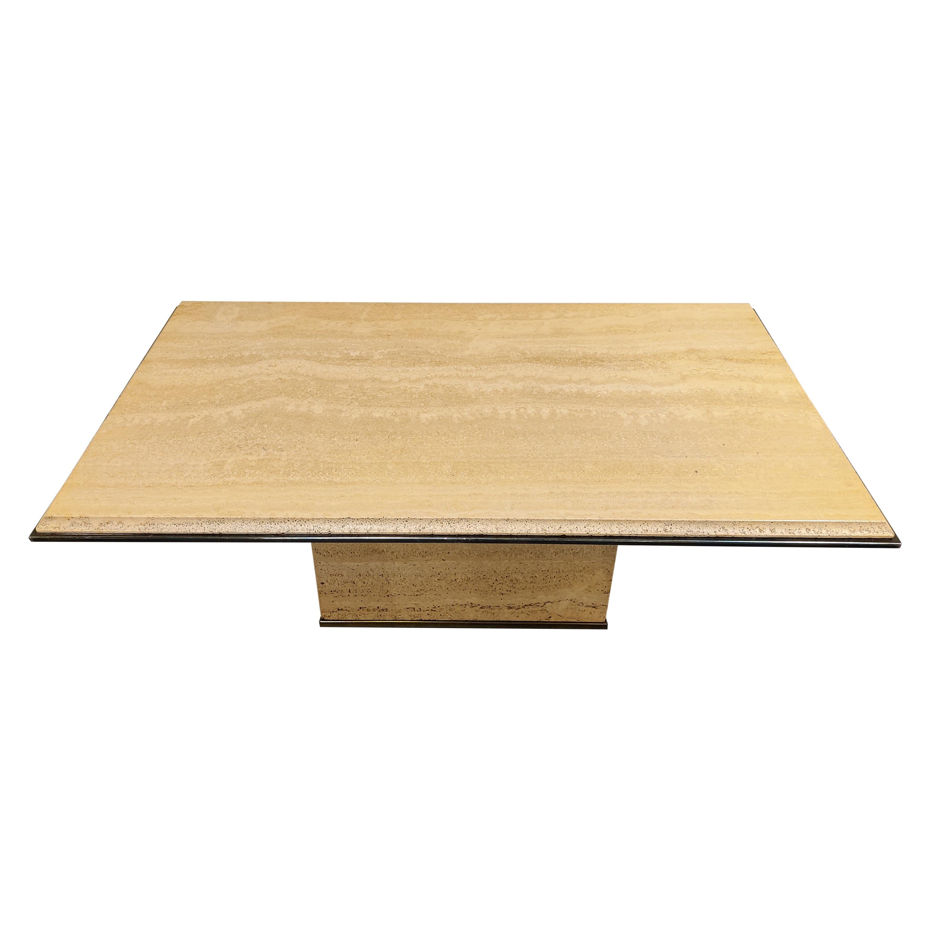 Vintage Travertine and Brass Coffee Table by Fedam, 1970s For Sale