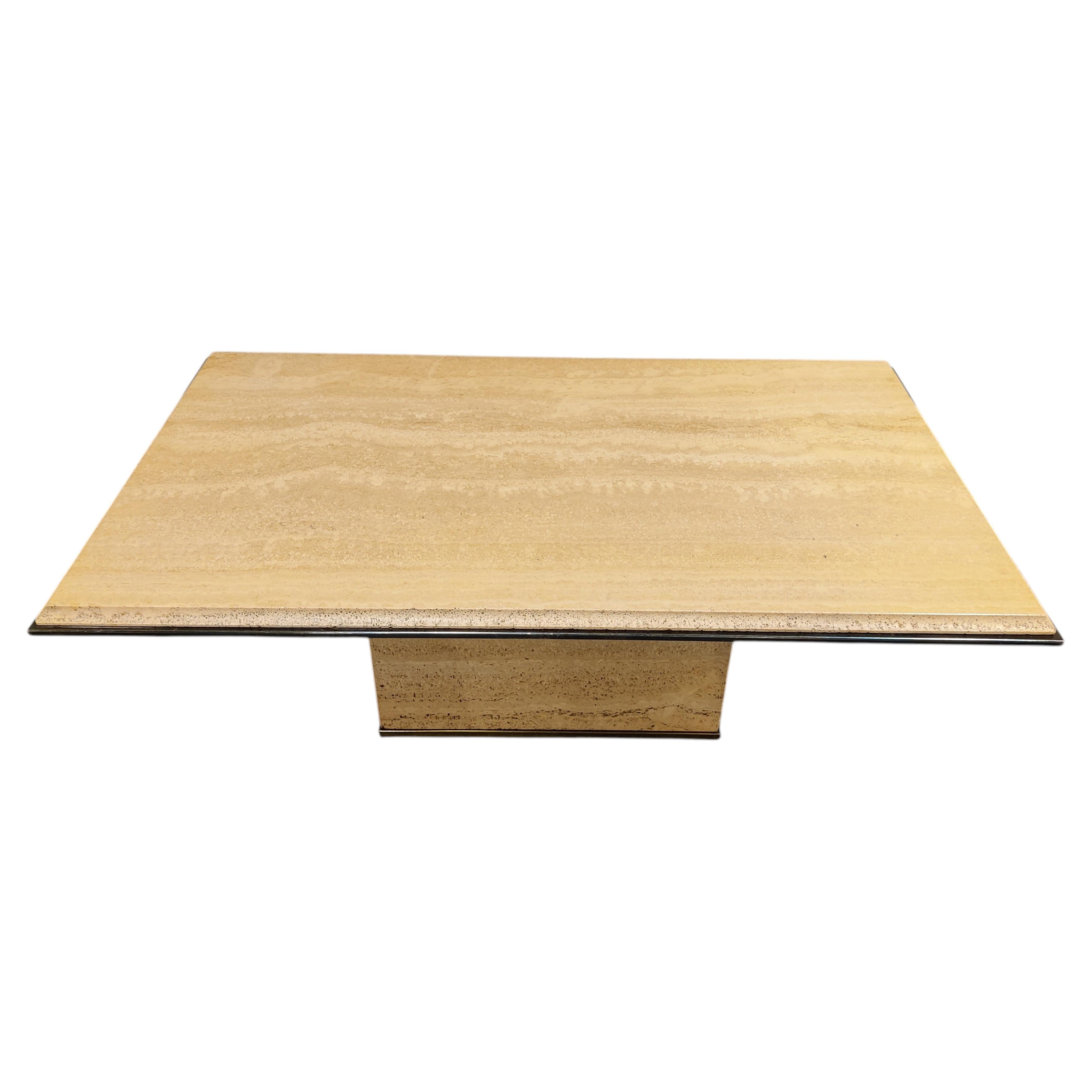 Vintage travertine and brass coffee table by Fedam, 1970s