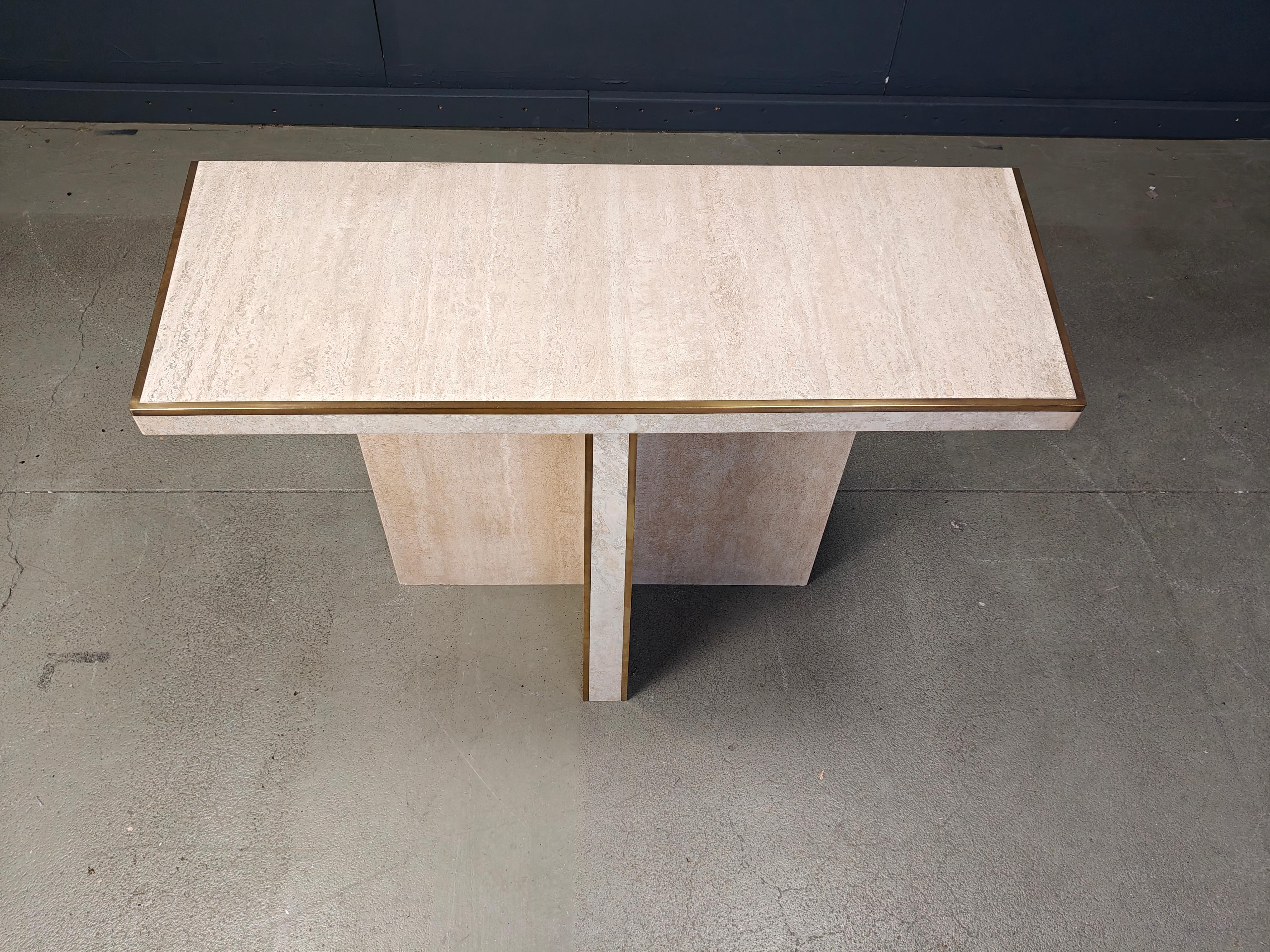 Table console vintage en travertin et laiton, 1970 en vente 3