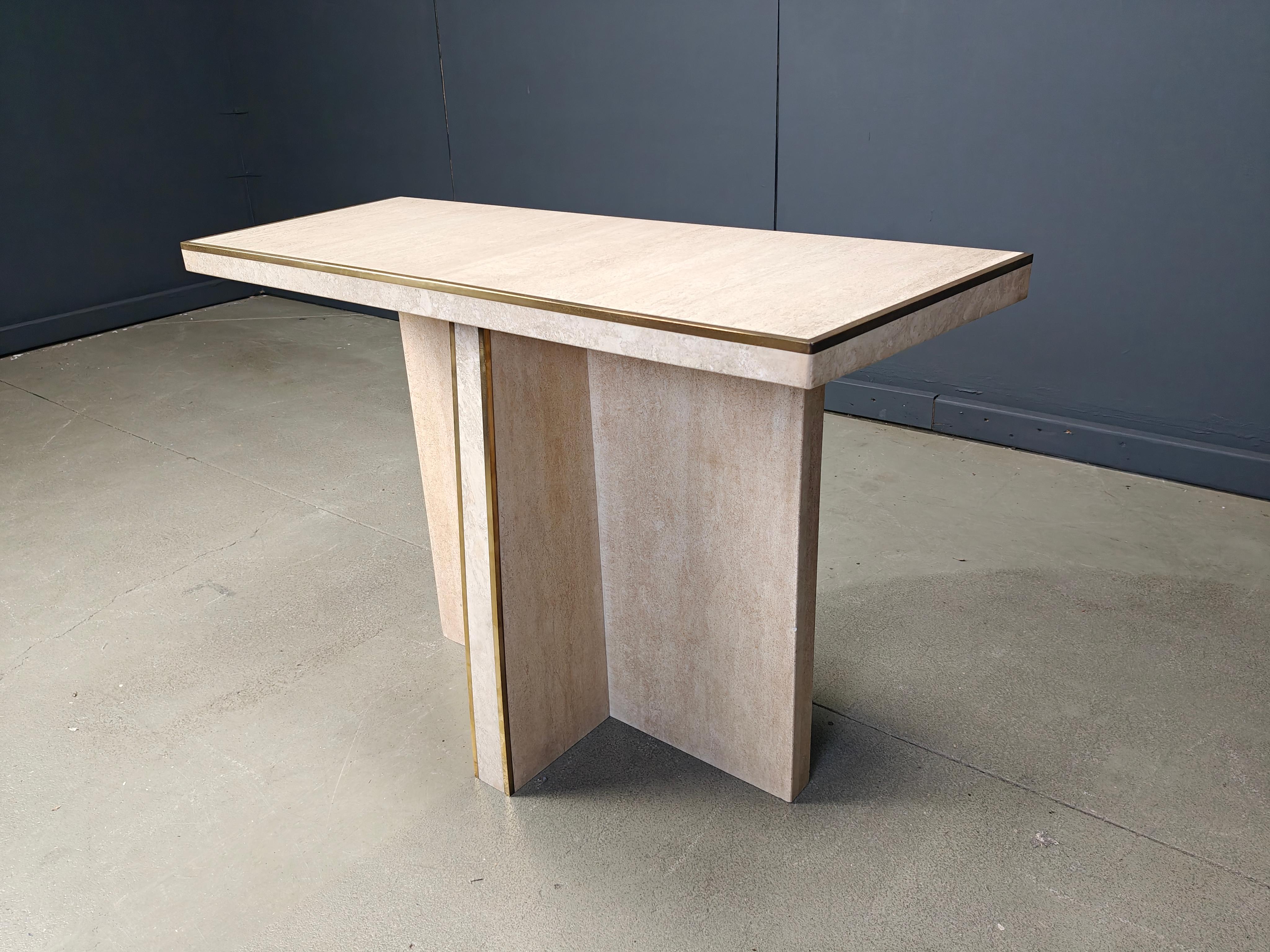 Table console vintage en travertin et laiton, 1970 en vente 5