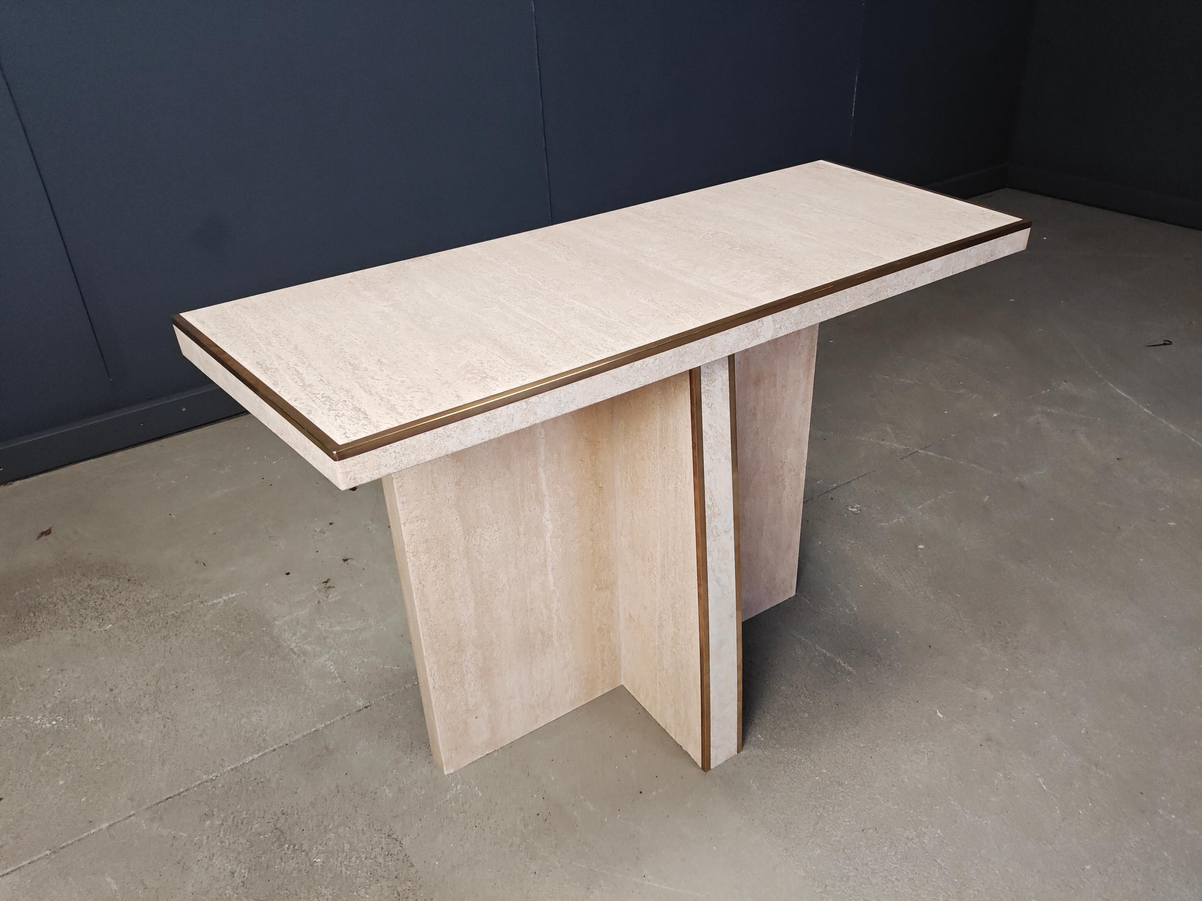 Fin du 20e siècle Table console vintage en travertin et laiton, 1970 en vente