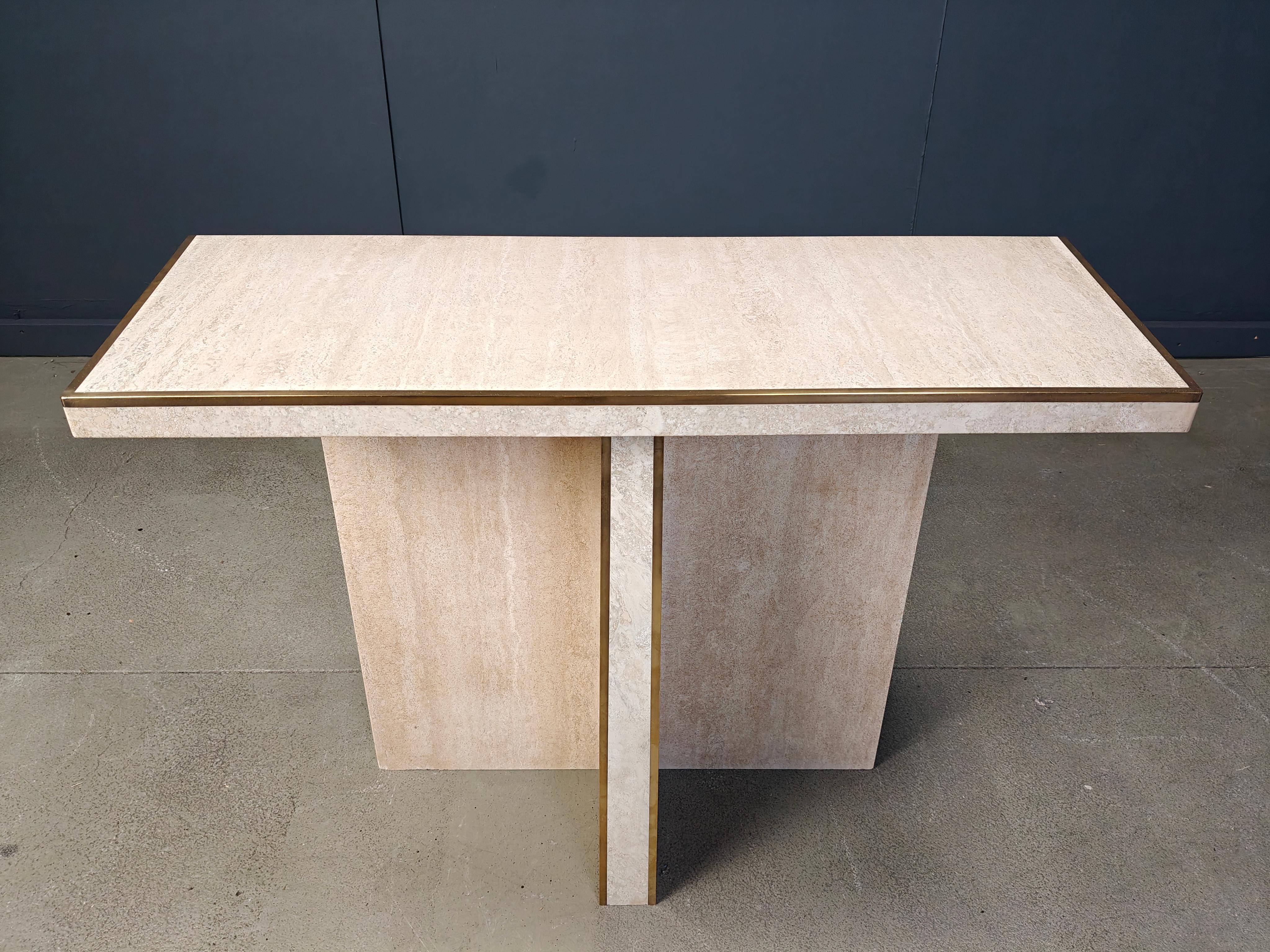 Table console vintage en travertin et laiton, 1970 en vente 2