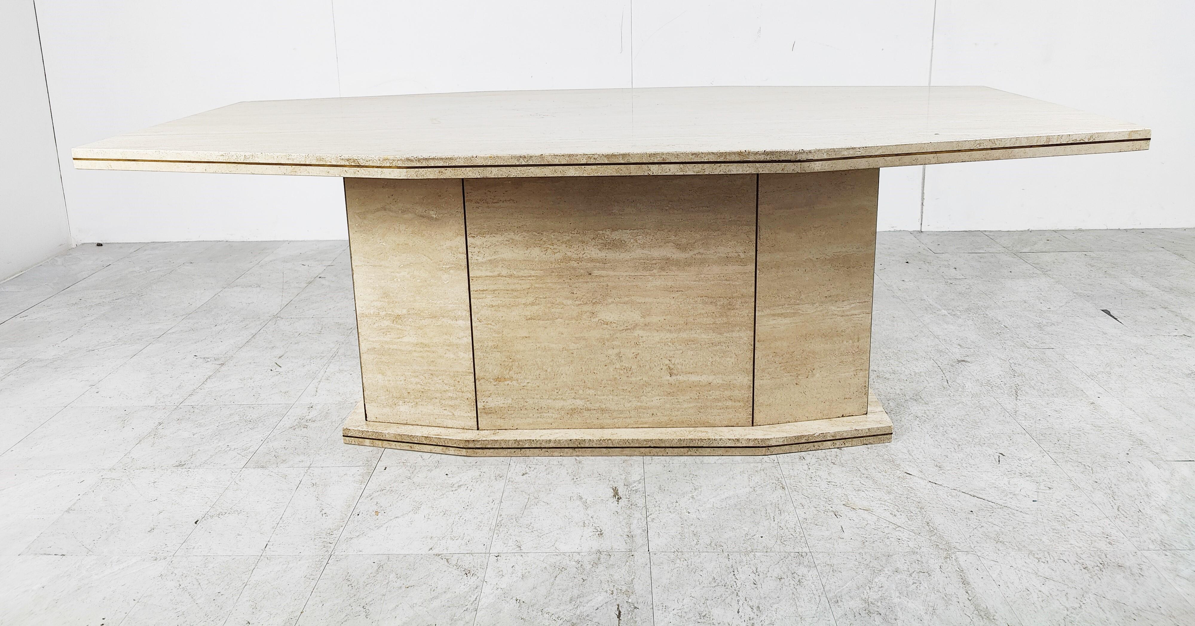 Hollywood Regency Vintage Travertine and Brass Dining Table, 1970s