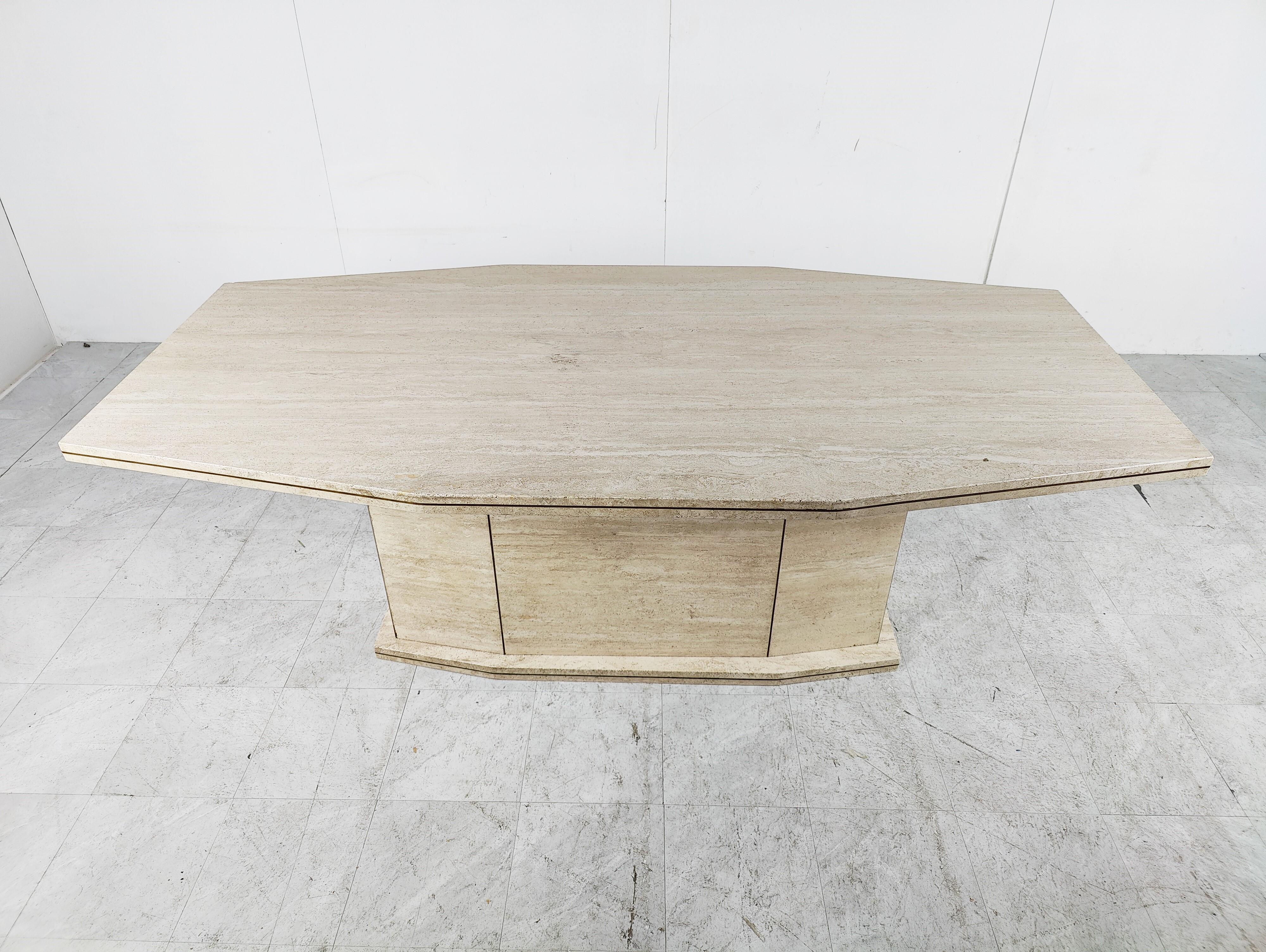 Vintage Travertine and Brass Dining Table, 1970s In Good Condition In HEVERLEE, BE