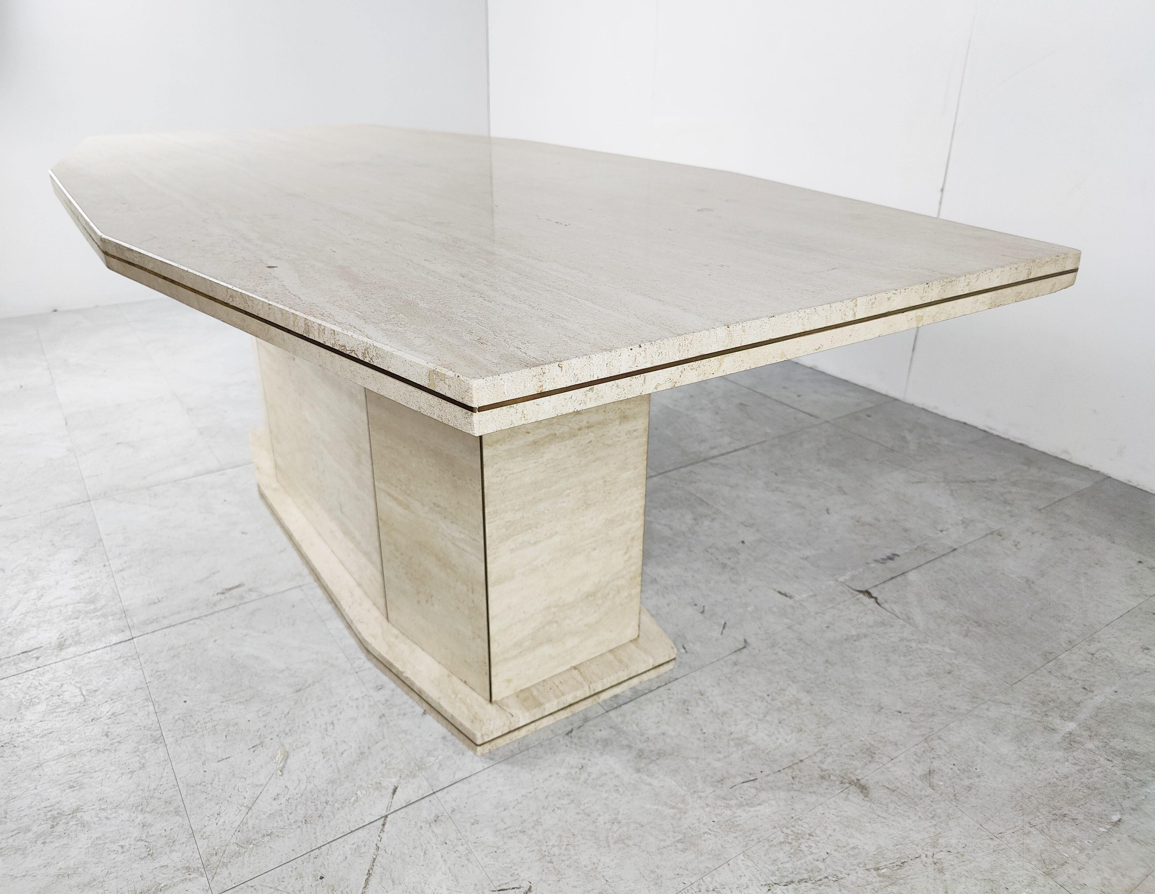 Late 20th Century Vintage Travertine and Brass Dining Table, 1970s