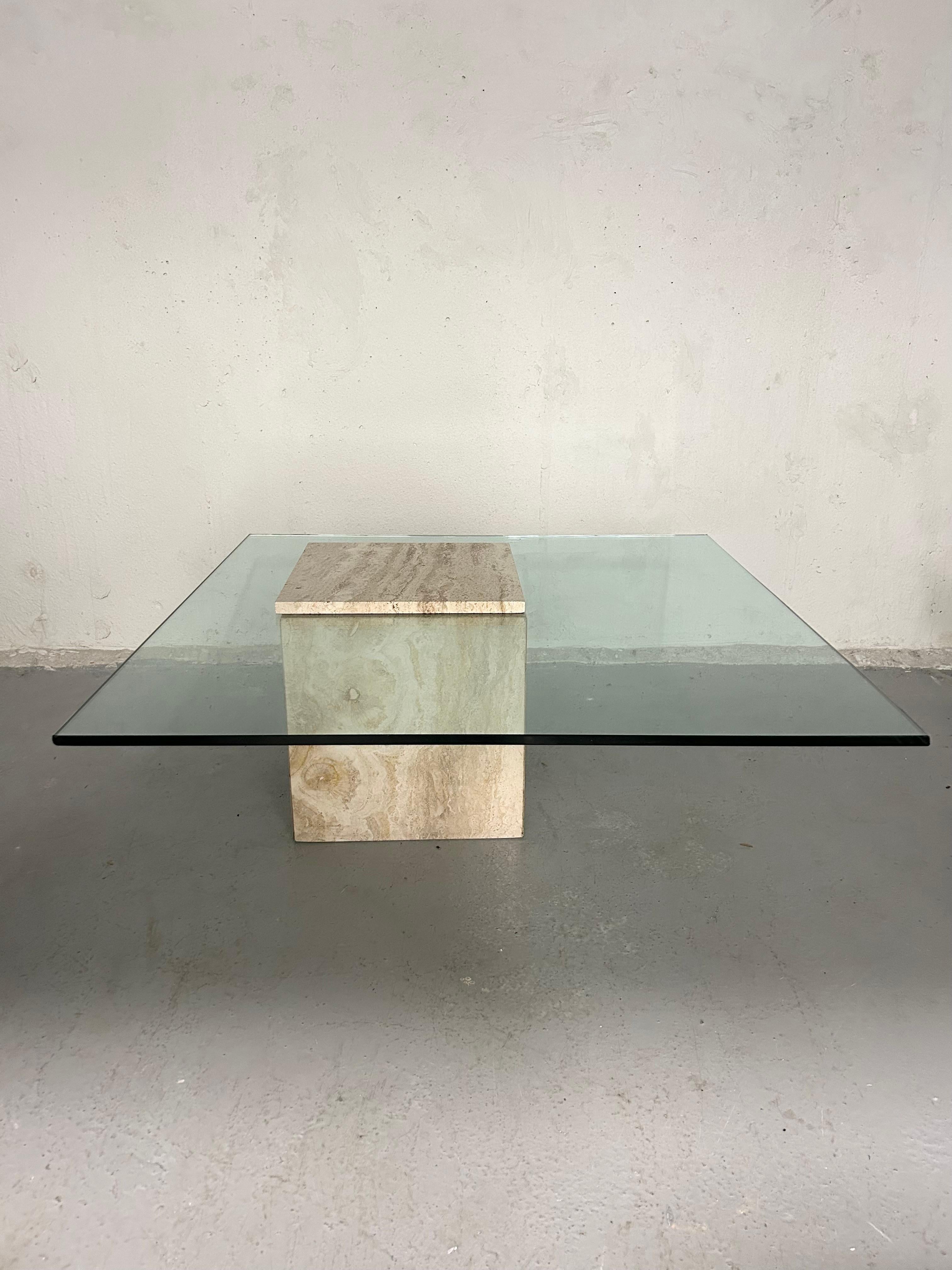 Vintage Travertine and Glass Coffee Table In Good Condition In Brooklyn, NY