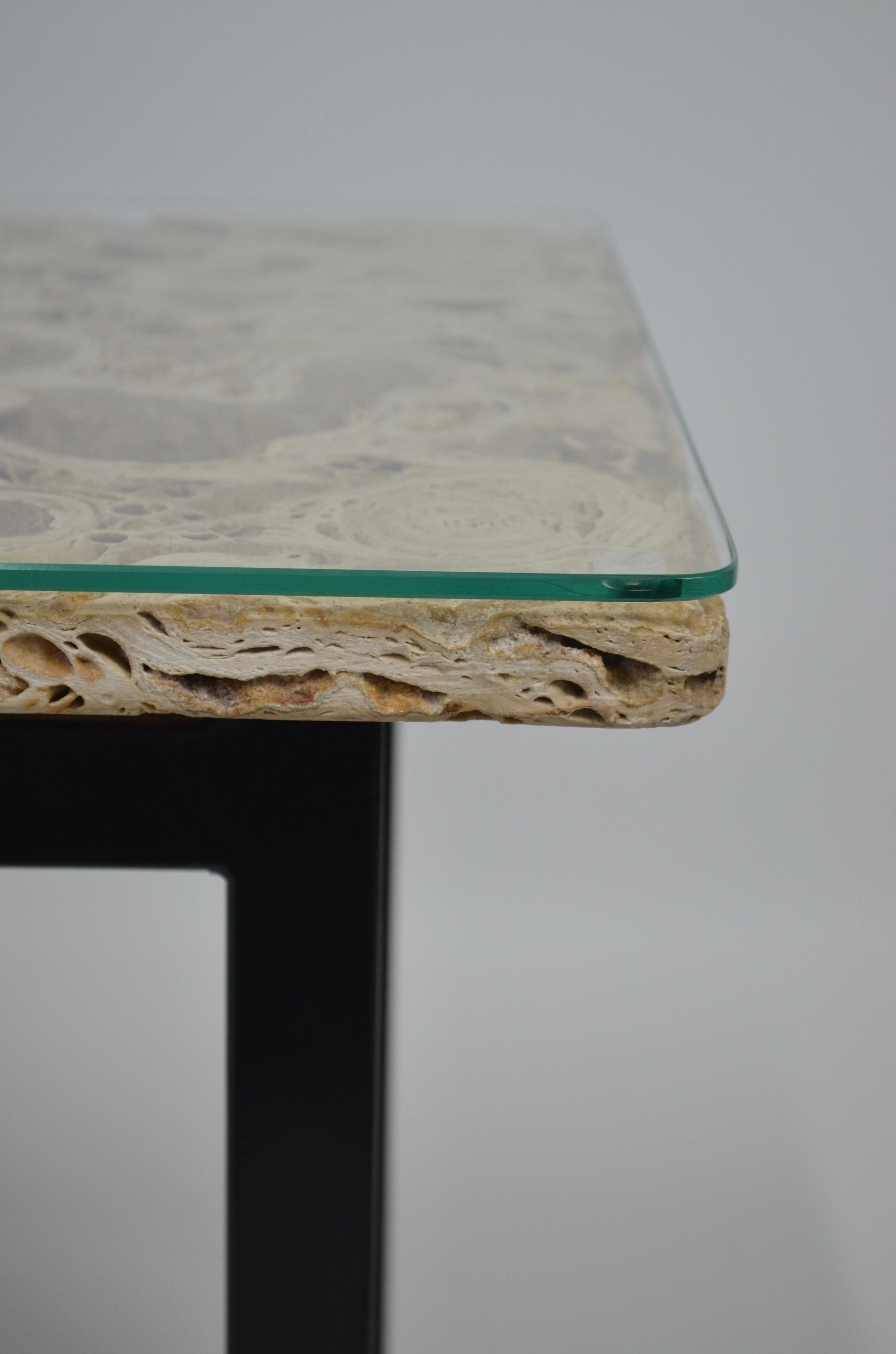 Brutalist Vintage travertine and glass coffee table For Sale