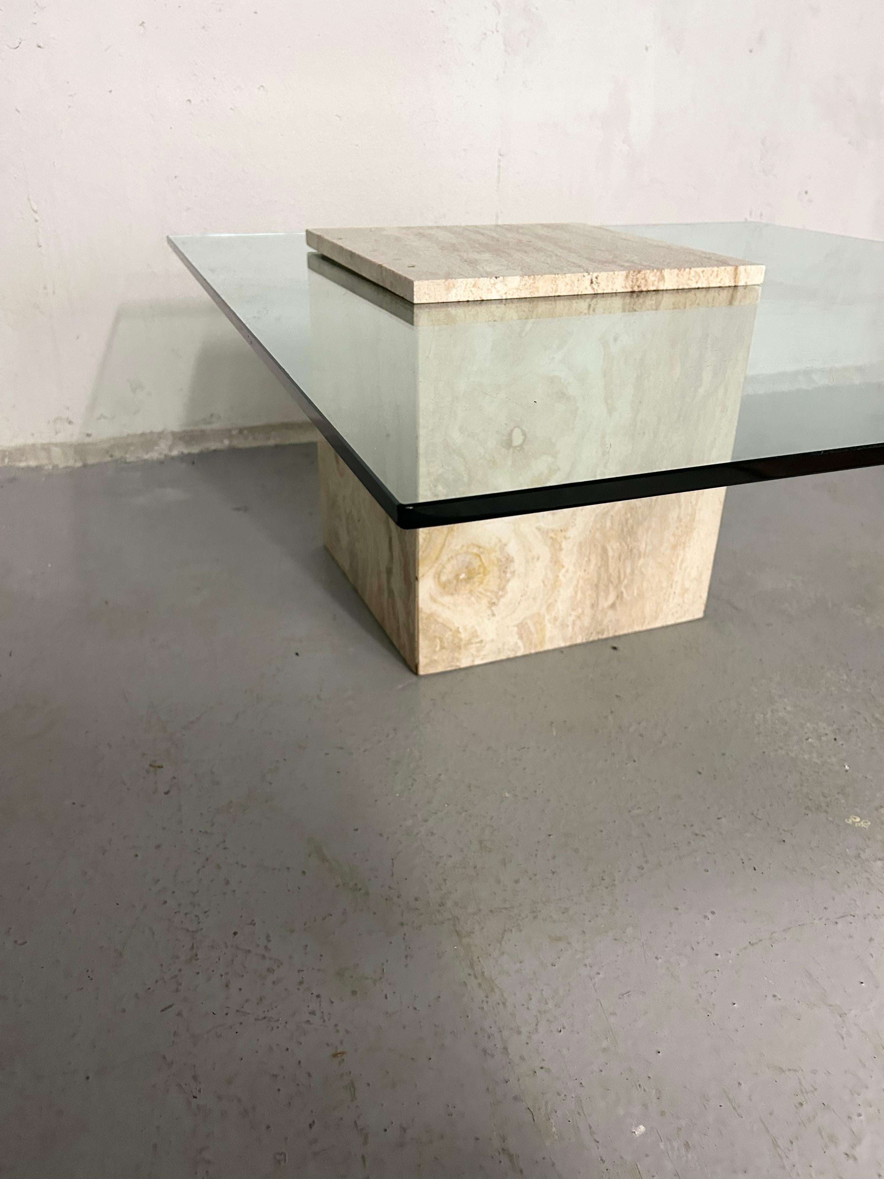 Vintage Travertine and Glass Coffee Table 1