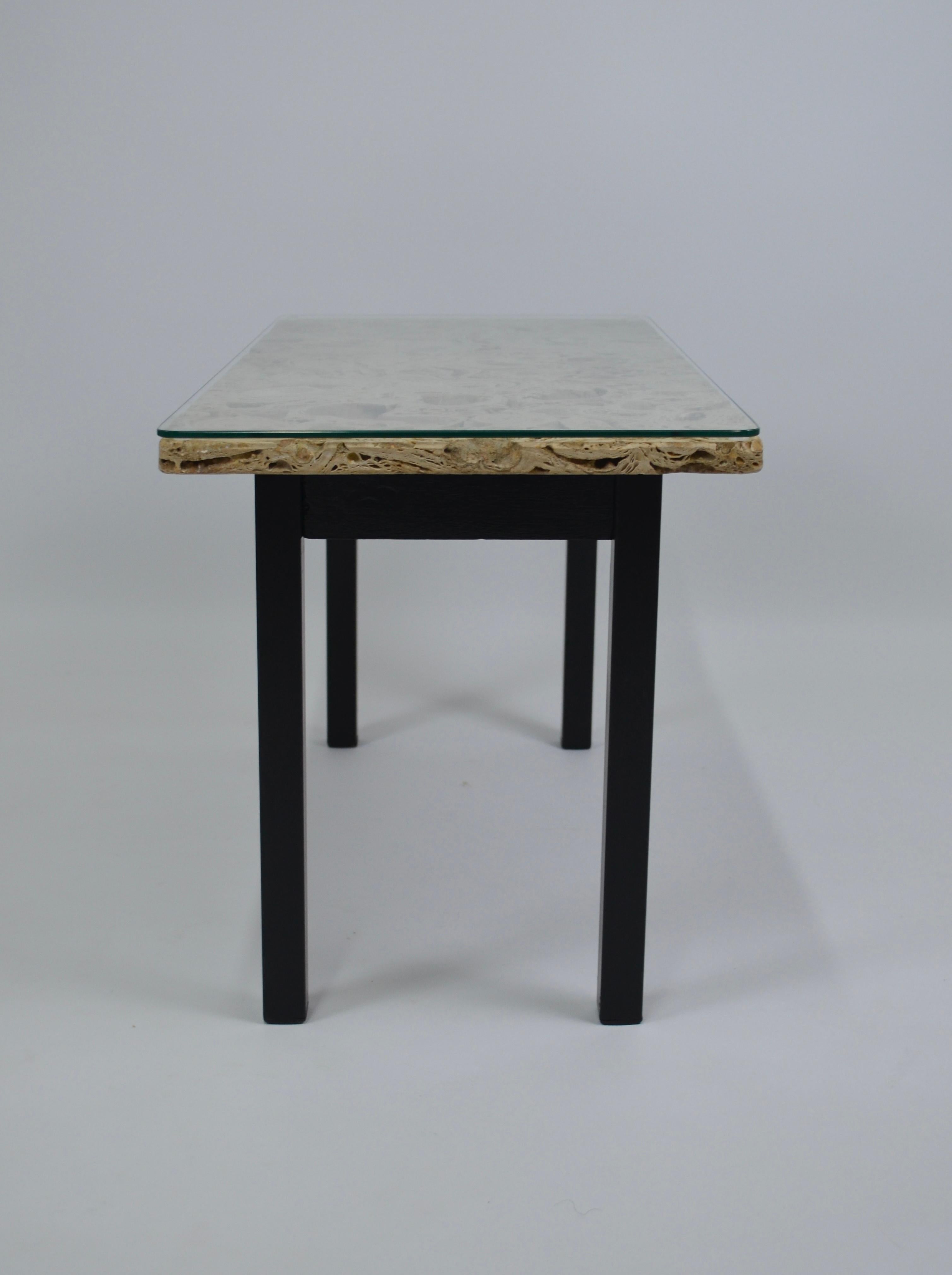 Metal Vintage travertine and glass coffee table For Sale