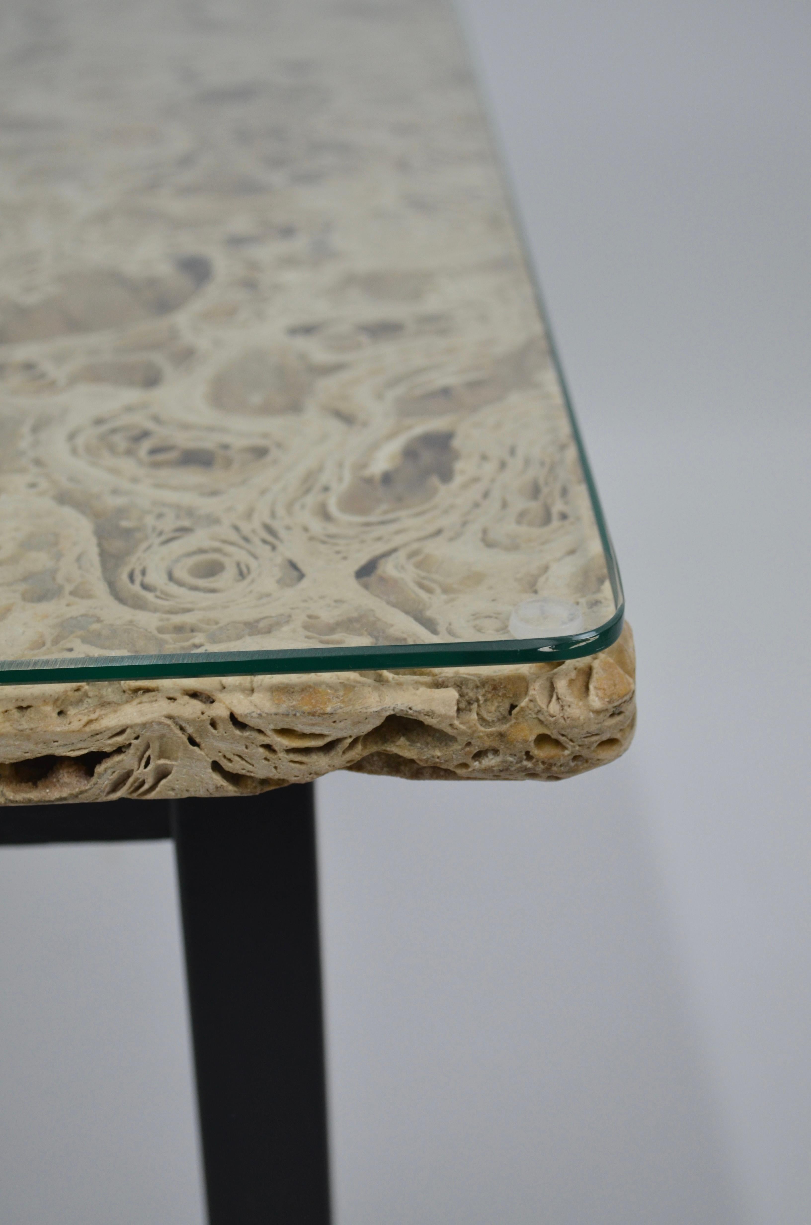 Vintage travertine and glass coffee table For Sale 1