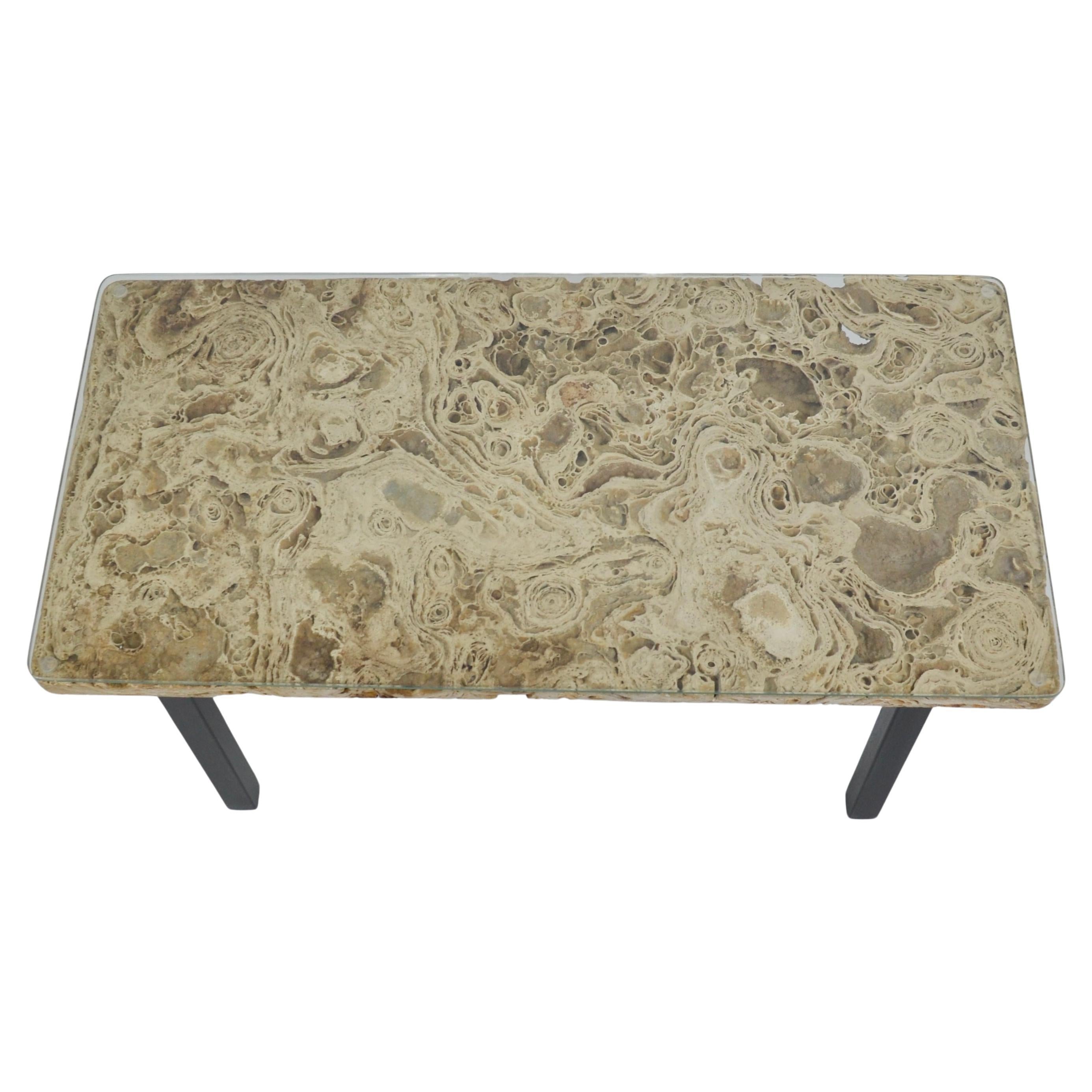 Vintage travertine and glass coffee table For Sale