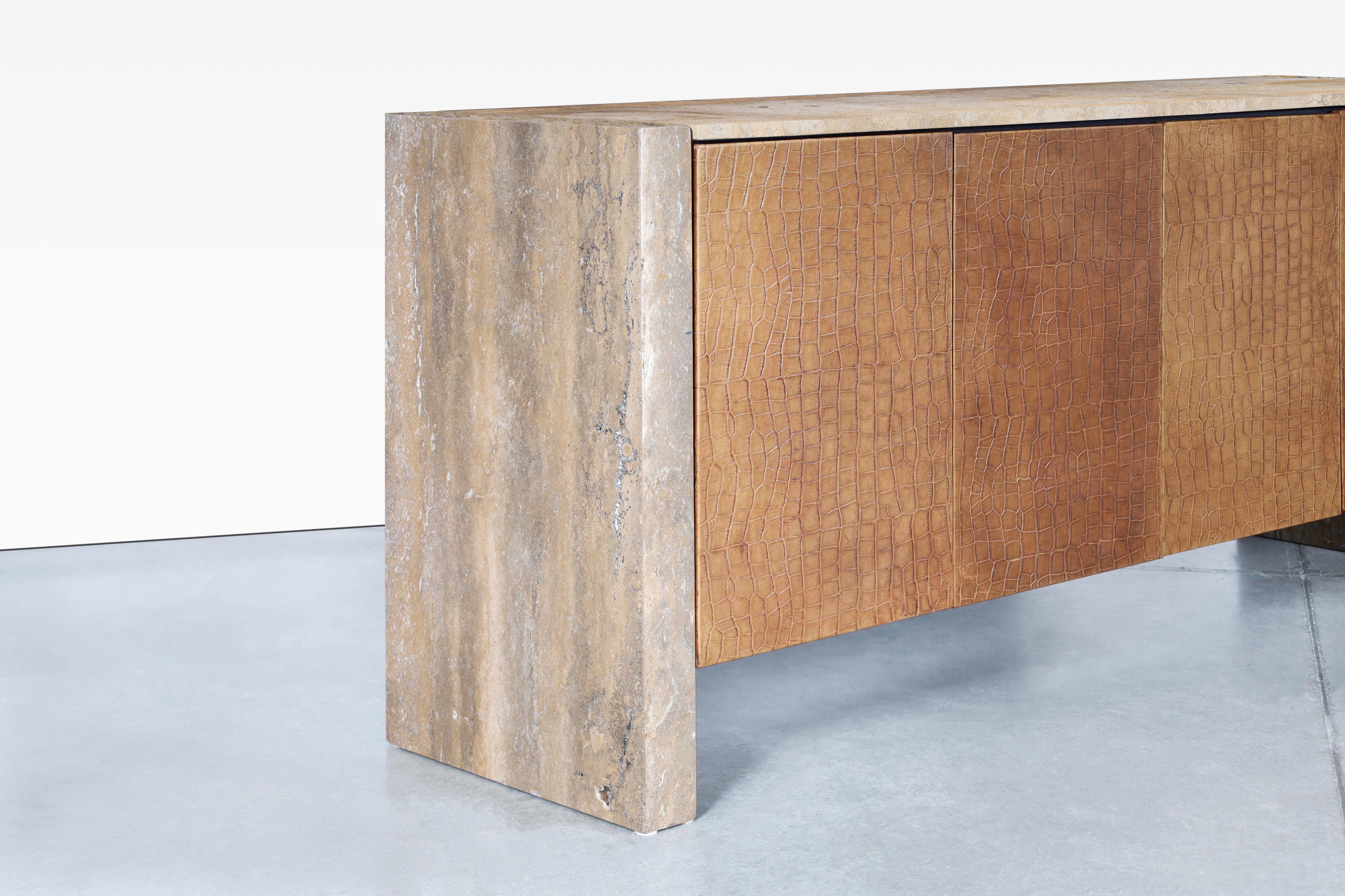 Mid-Century Modern Vintage Travertine and Leather Credenza For Sale