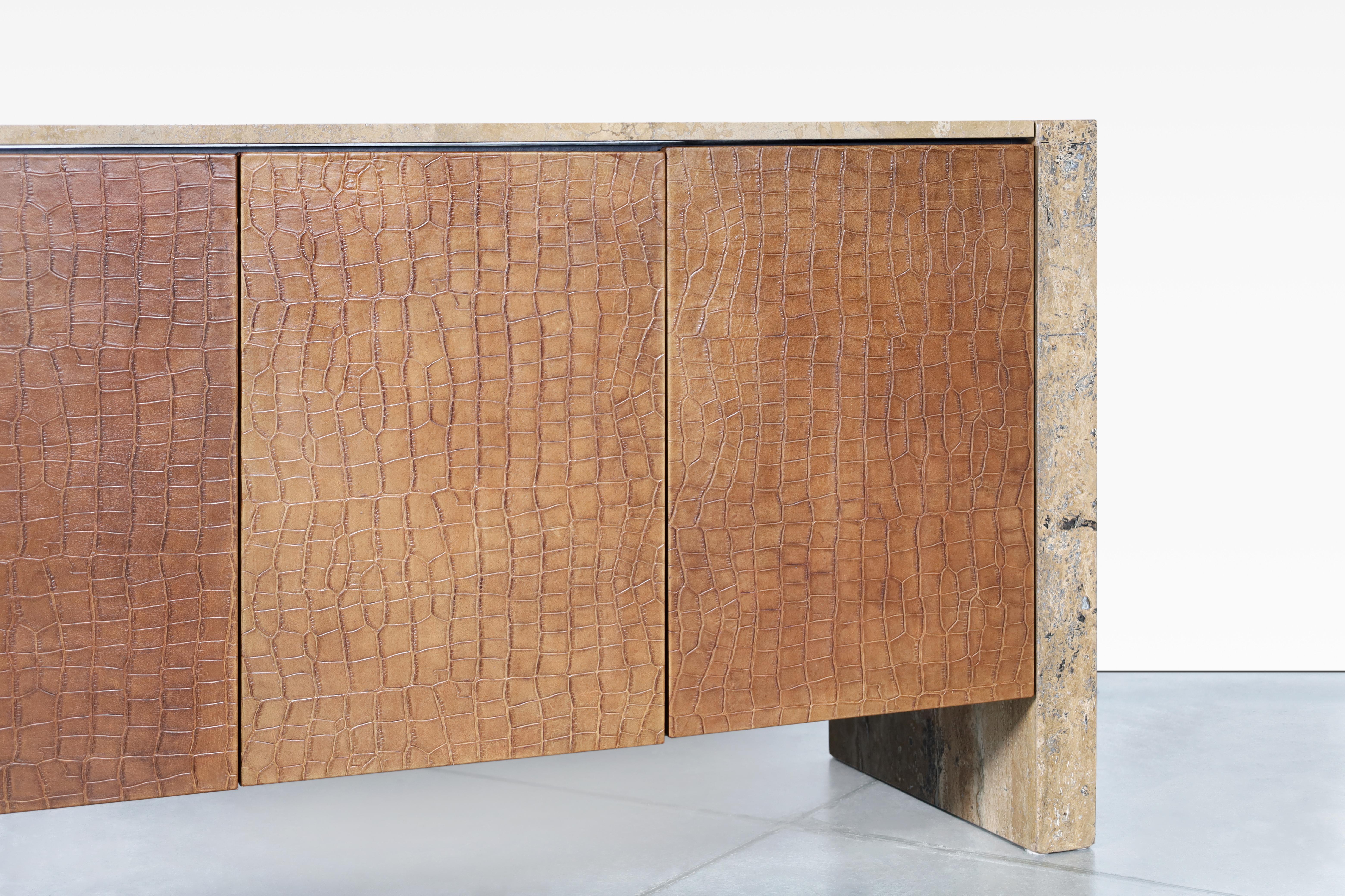 Italian Vintage Travertine and Leather Credenza For Sale