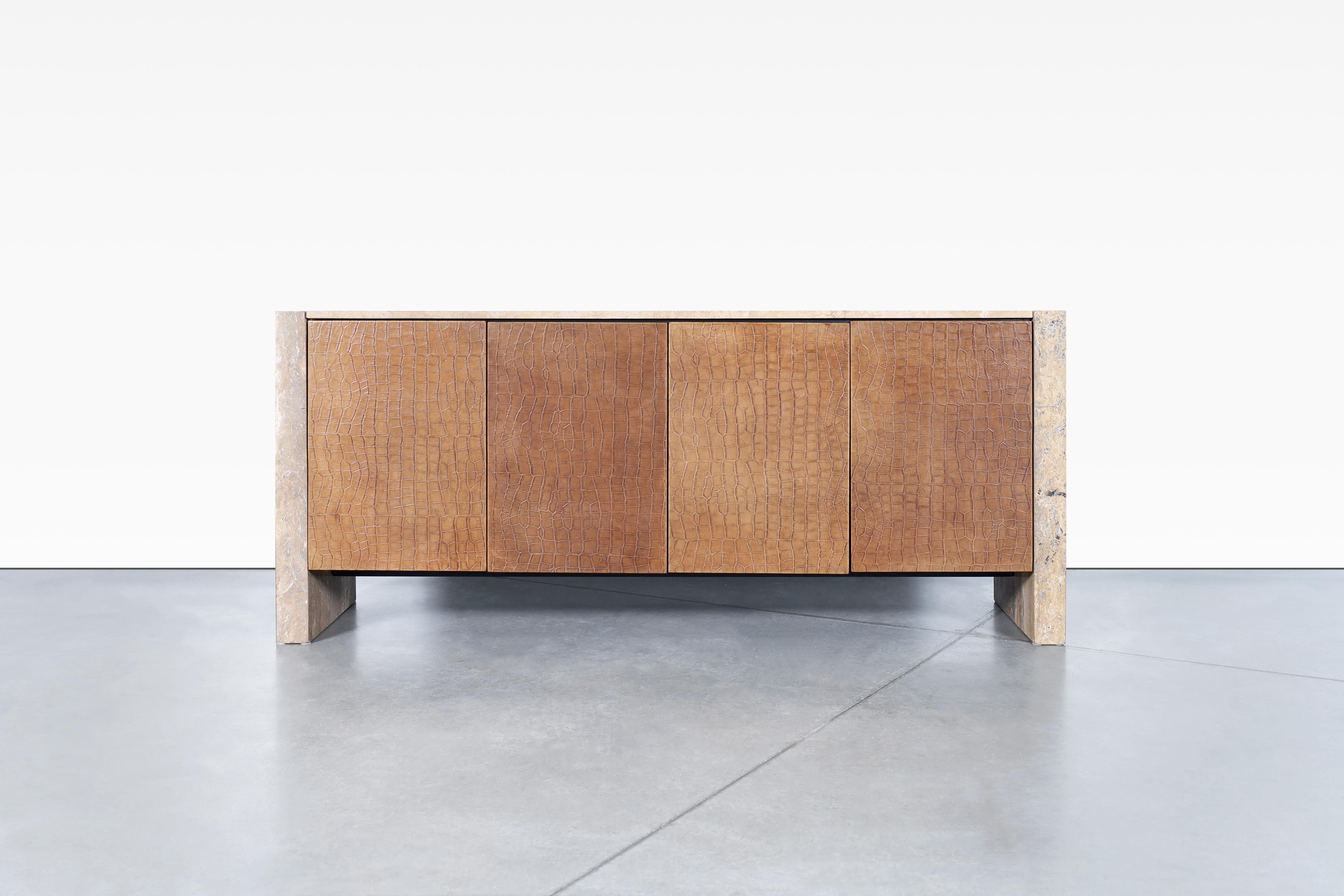 Vintage Travertine and Leather Credenza For Sale 2
